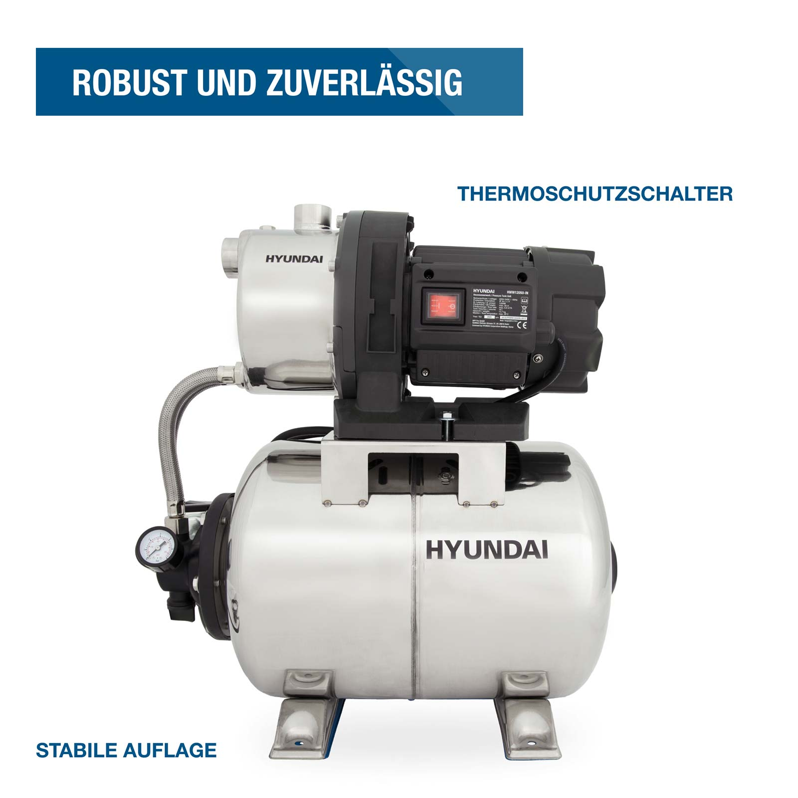 Hyundai Hauswasserwerk mit Edelstahltank, Motor und Manometer auf Metallfüßen vor weißem Hintergrund.