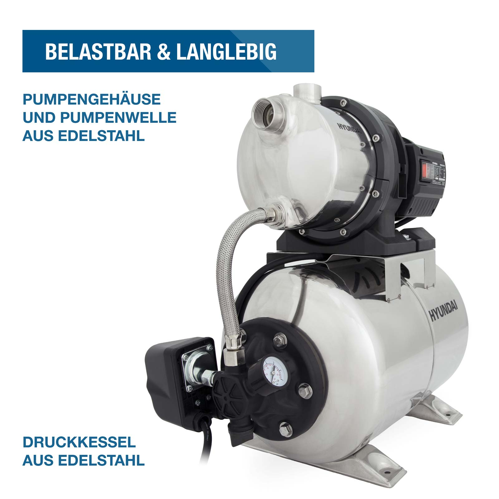 Hyundai Edelstahldruckwasserpumpe mit Edelstahlgehäuse und Druckkessel.