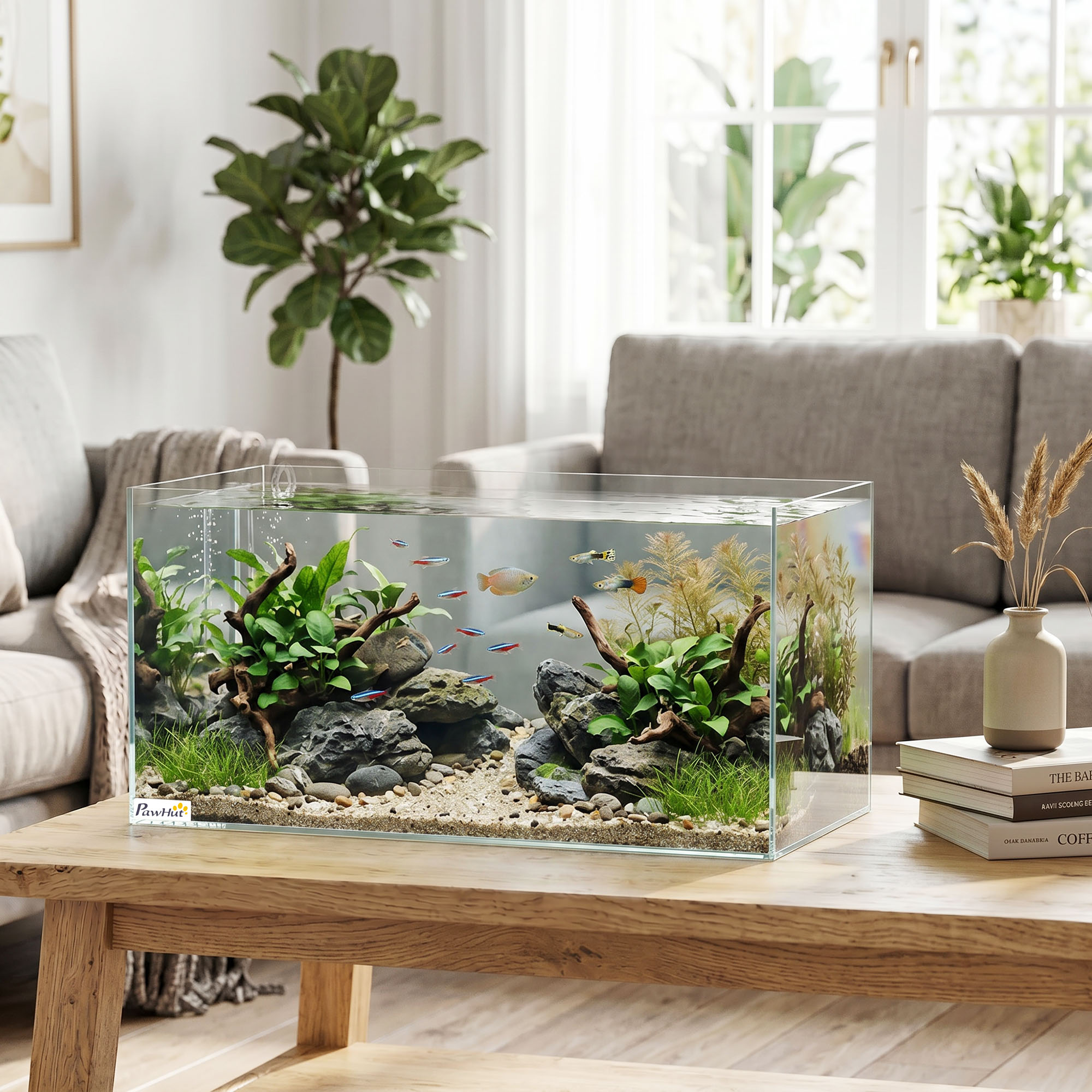 Una pecera de vidrio con plantas verdes, rocas y pequeños peces coloridos sobre una mesa de madera en la sala.