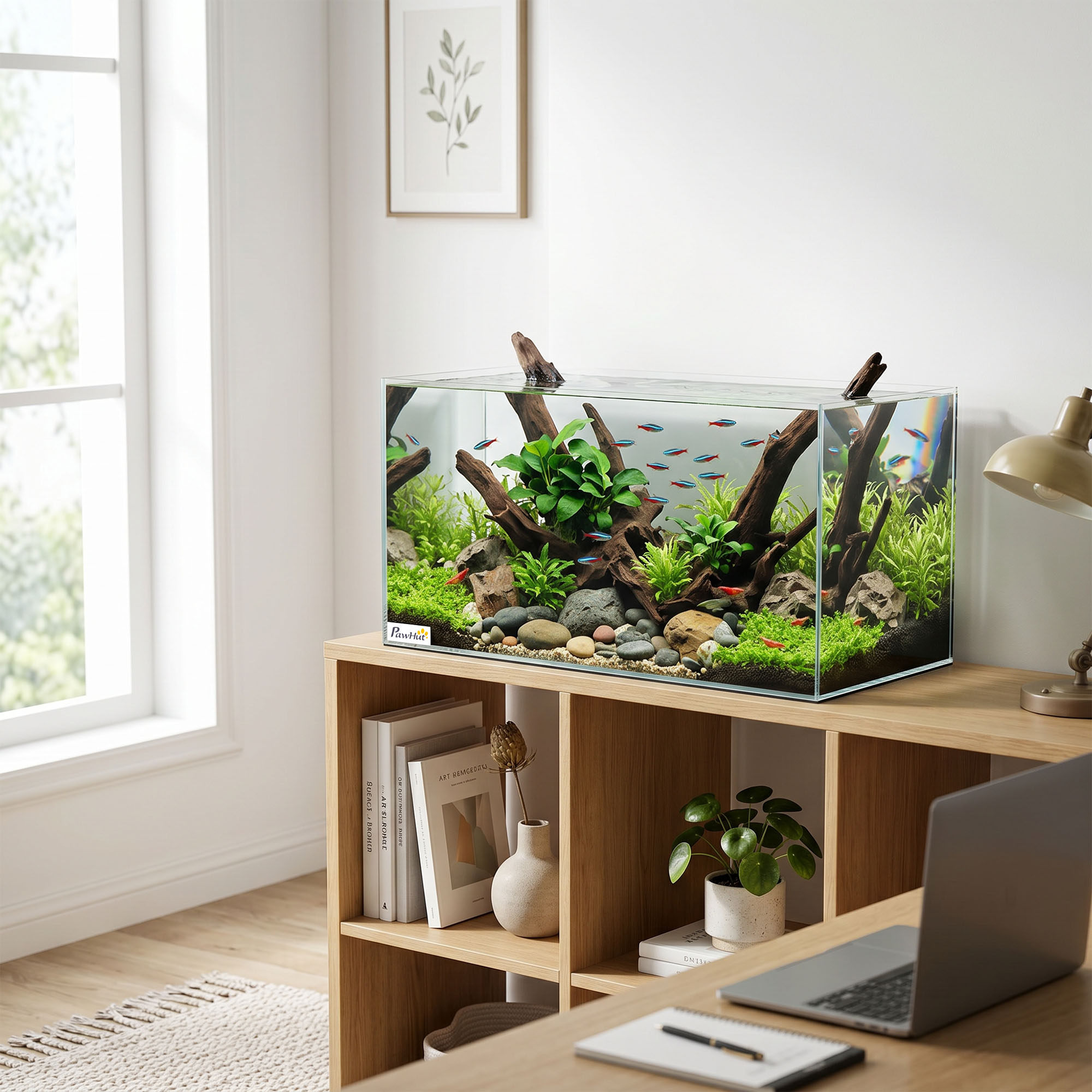 Una pecera iluminada con plantas verdes y peces coloridos sobre un escritorio de estantería de madera.