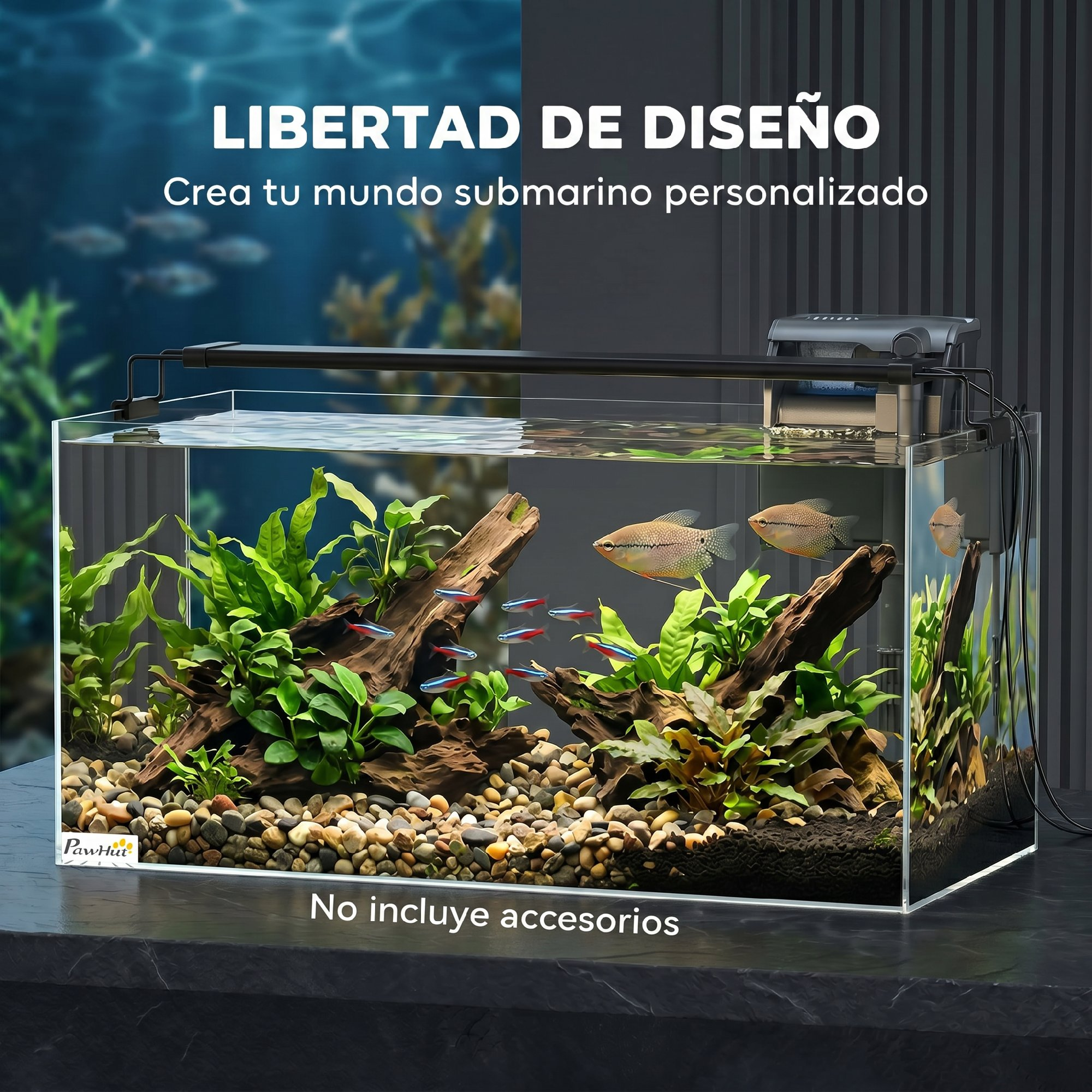 Una pecera de vidrio con plantas verdes, madera, guijarros y varios peces coloridos sobre una mesa.