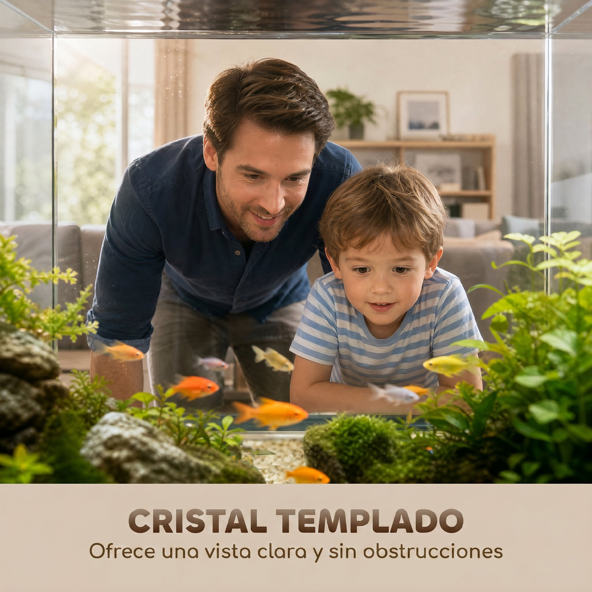 Un hombre y un niño miran atentamente dentro de un acuario de vidrio con plantas y peces.
