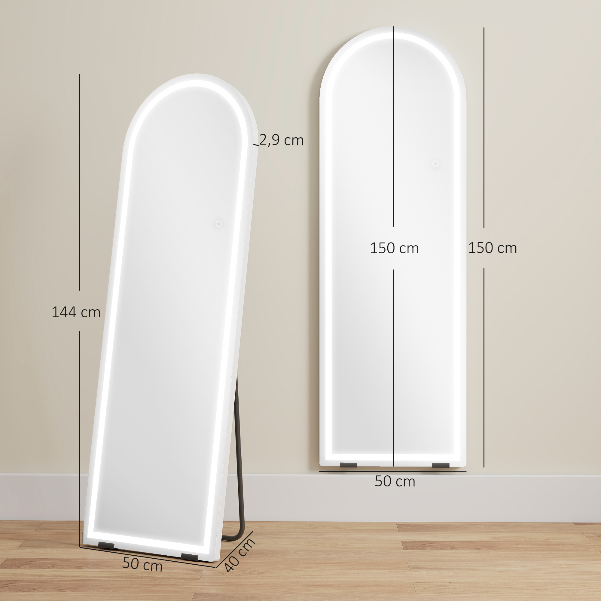 Dos espejos LED arqueados con dimensiones: uno inclinado en soporte, otro en pared.