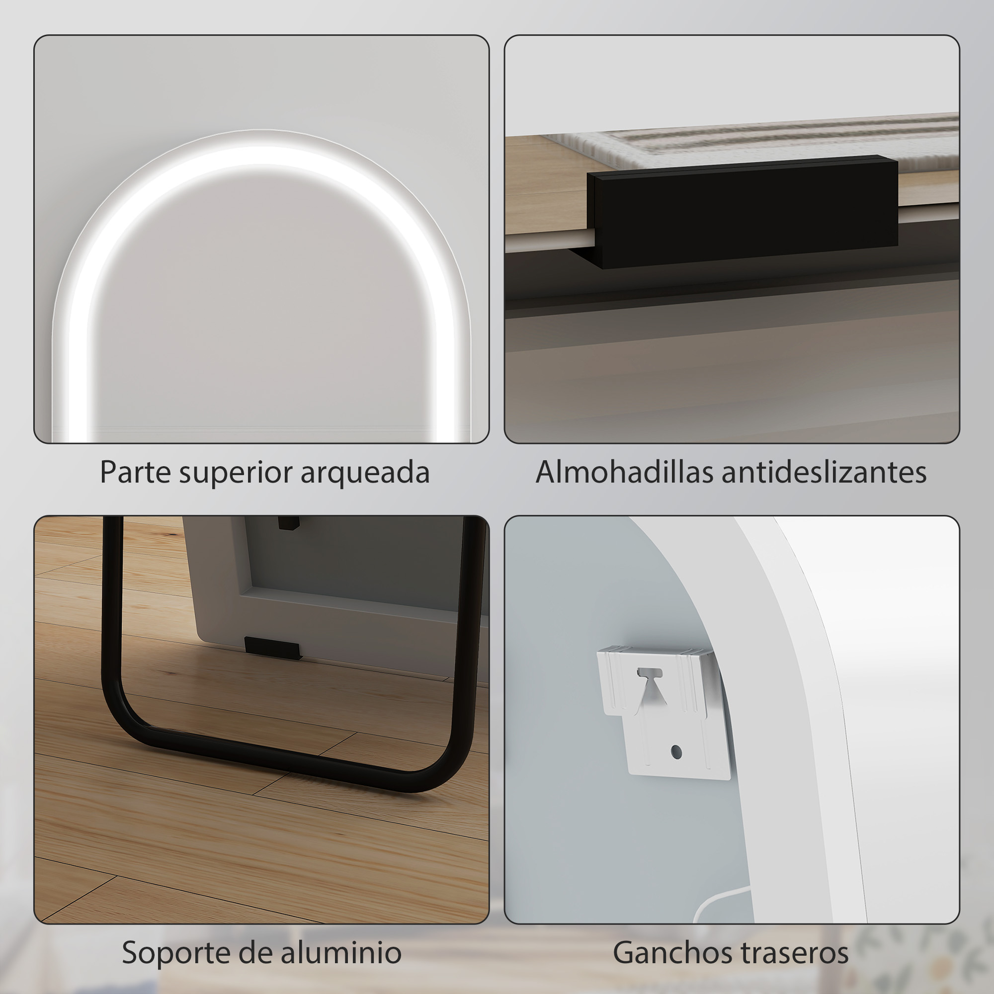 Cuatro imágenes que muestran detalles del producto: parte superior arqueada, almohadillas antideslizantes, soporte de aluminio y ganchos traseros.