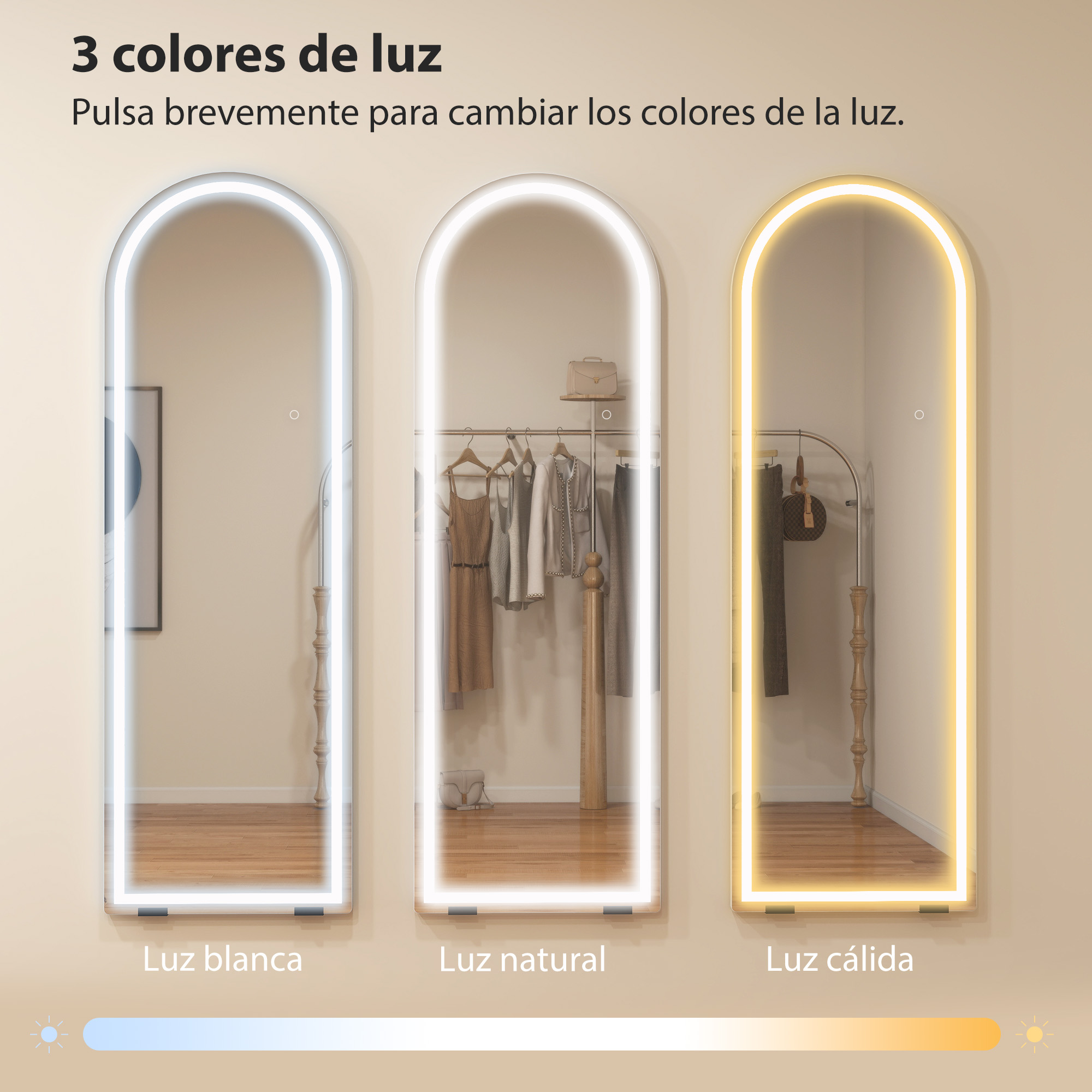Tres espejos LED arqueados que muestran modos de luz blanca, natural y cálida, con texto en español.