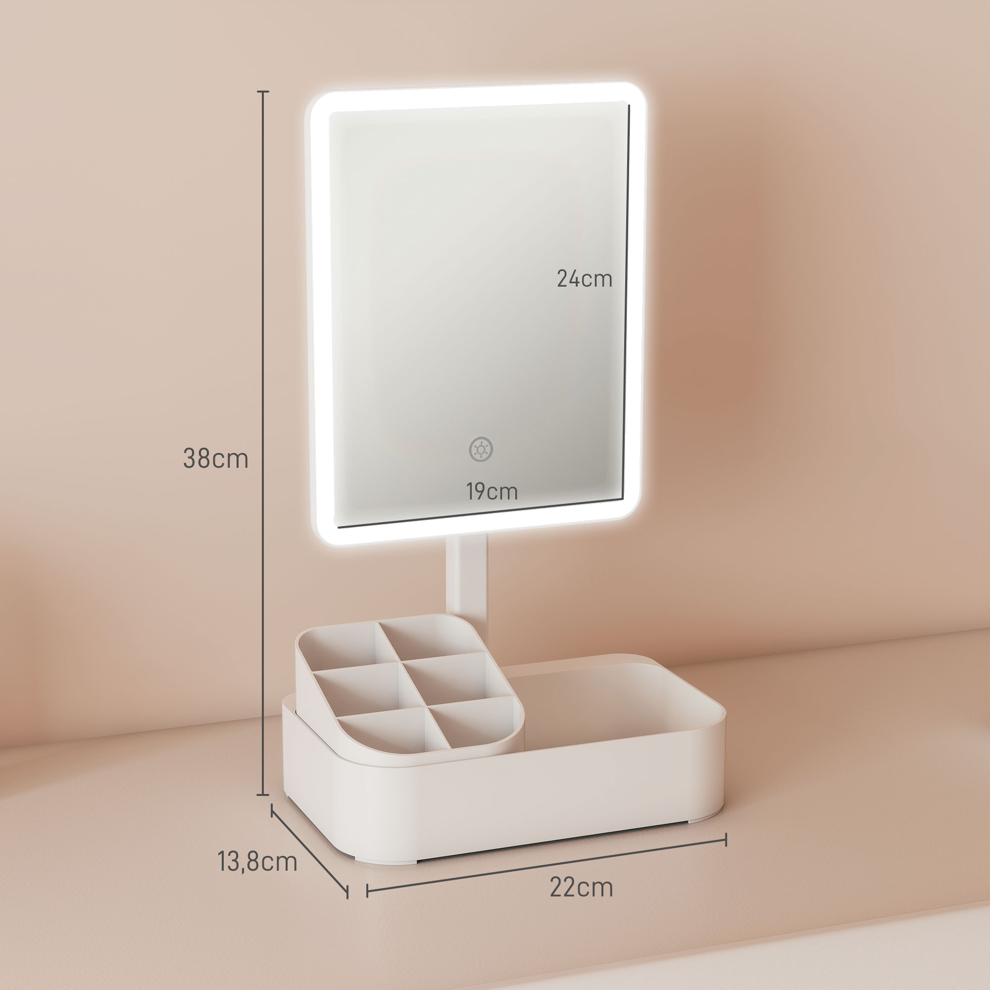 Espejo de maquillaje con luz y base organizadora sobre fondo beige, mostrando dimensiones.
