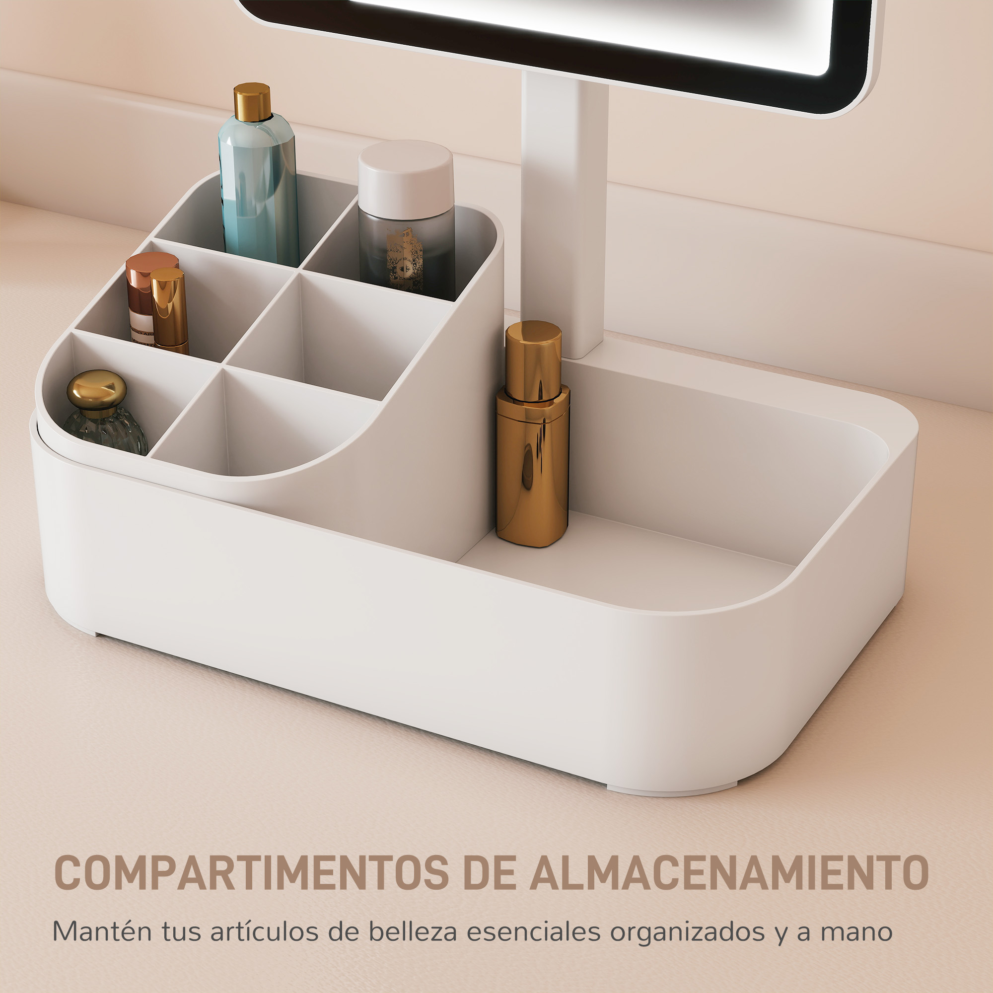 Organizador de cosméticos blanco con varios compartimentos para productos de belleza y un espejo.