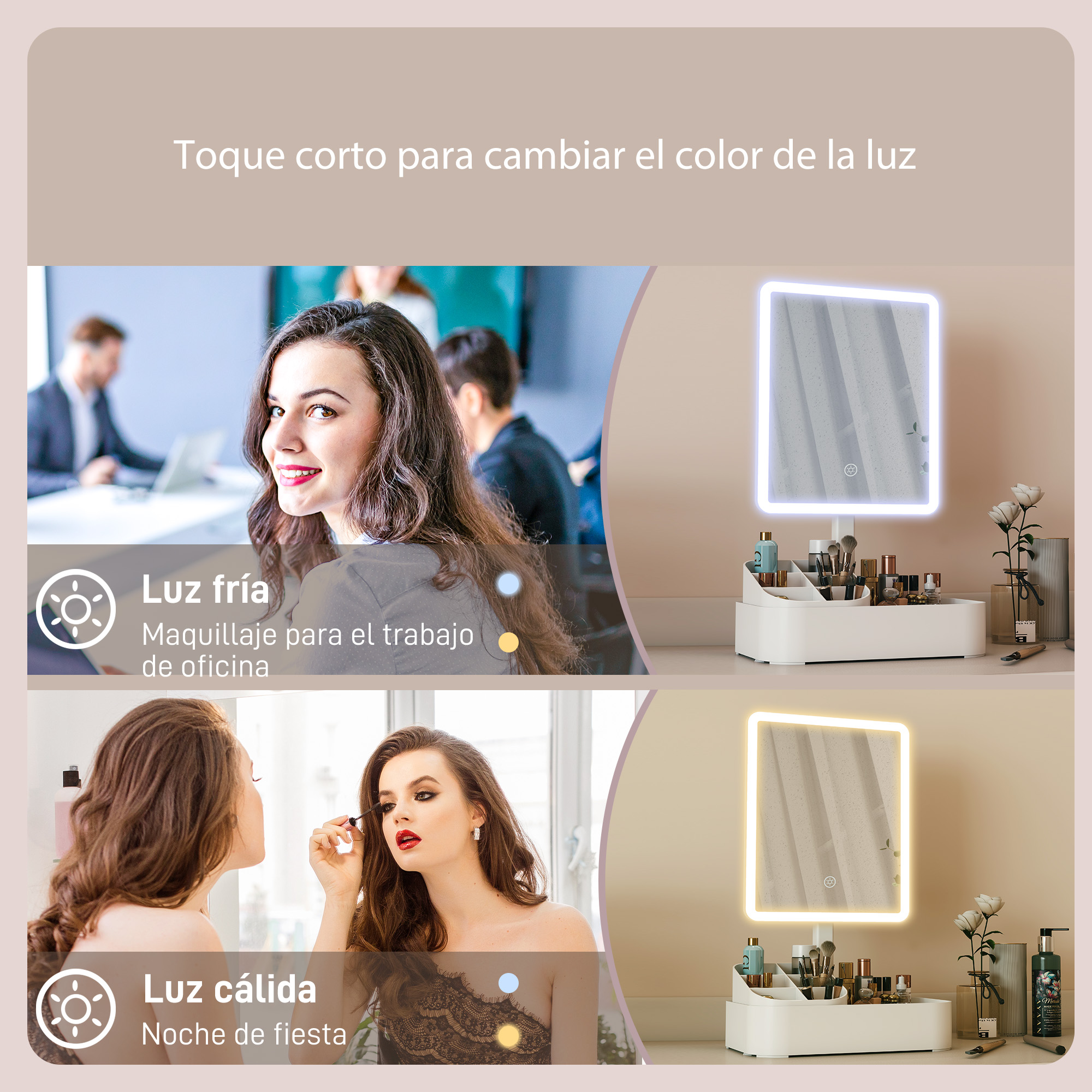 Un espejo de maquillaje iluminado con luz fría y cálida para diferentes ocasiones de maquillaje.
