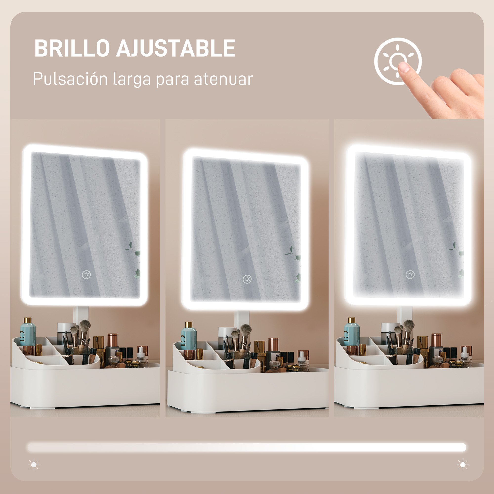 Tres etapas de brillo ajustable de espejo de maquillaje LED con organizador de cosméticos abajo.