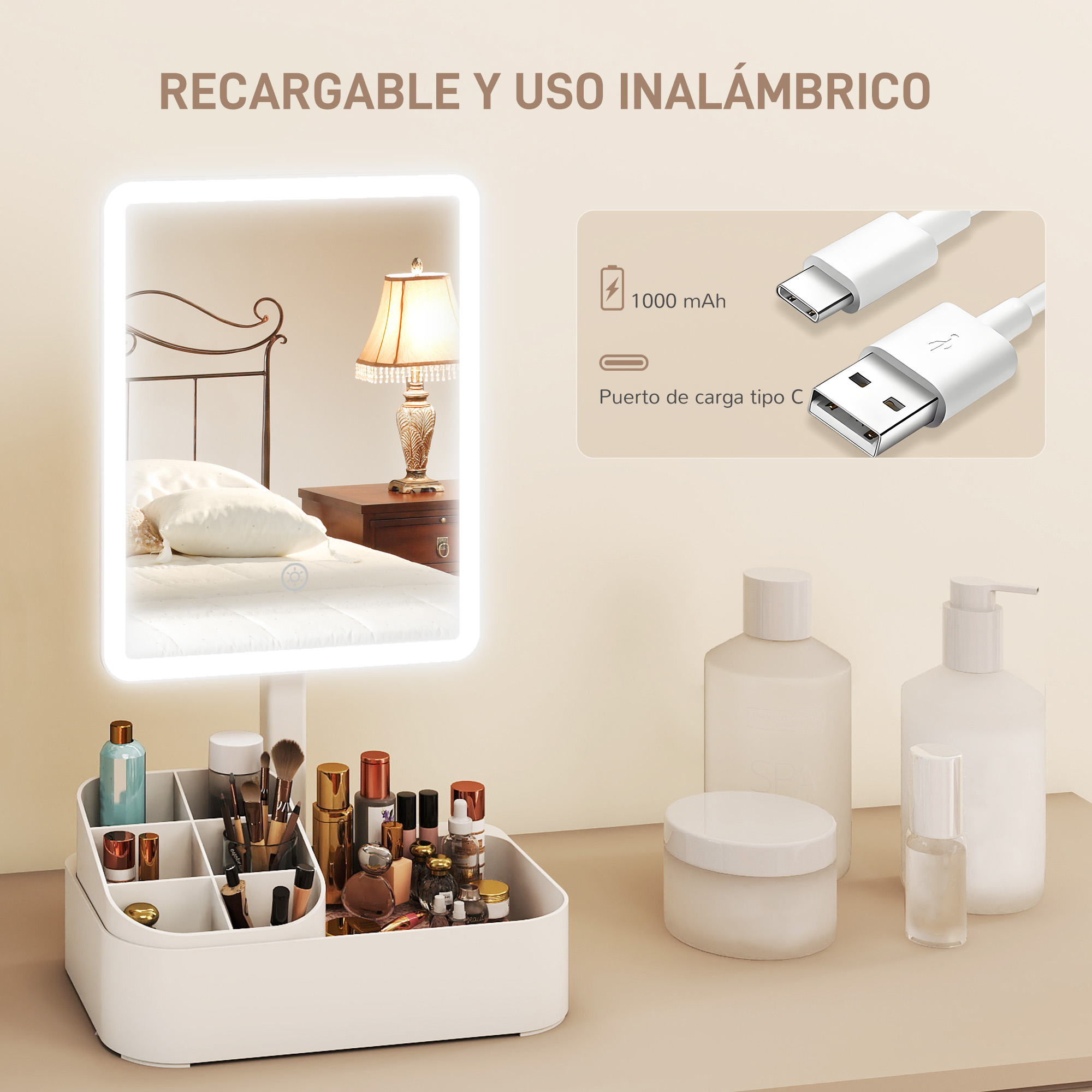 Espejo de maquillaje con luz, organizador, cable USB-C y botellas sobre fondo beis.
