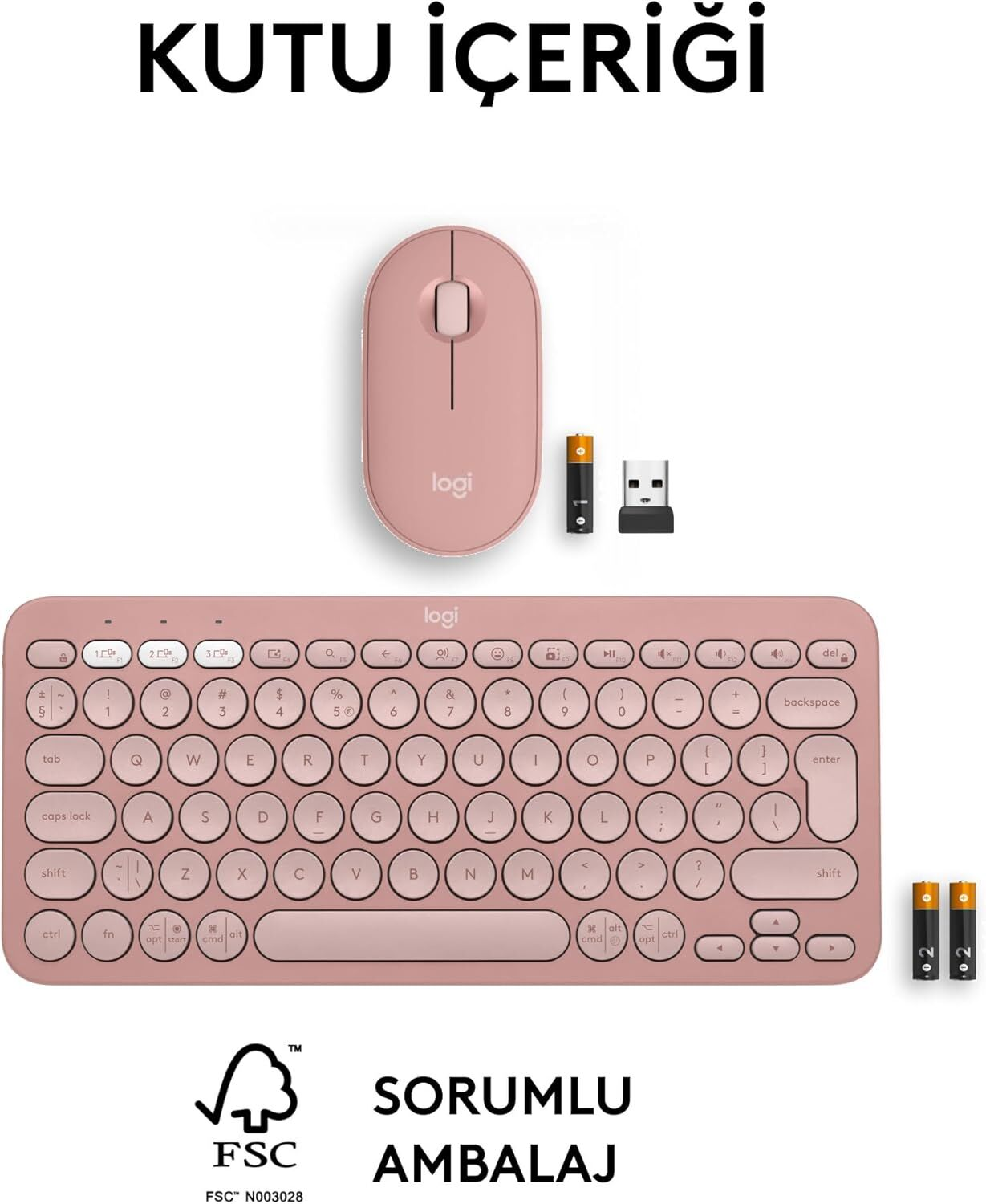 Pembe Logitech klavye, fare, USB alıcı ve AAA piller.