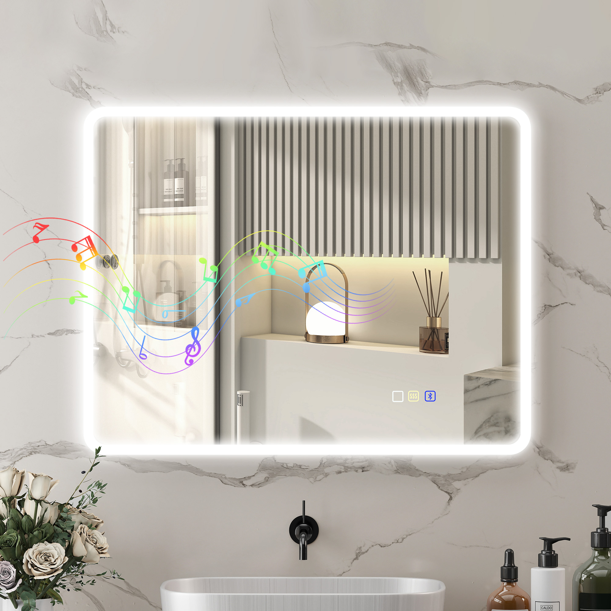 Espejo de baño iluminado con gráfico de notas musicales e iconos táctiles en una pared de mármol sobre un lavabo.