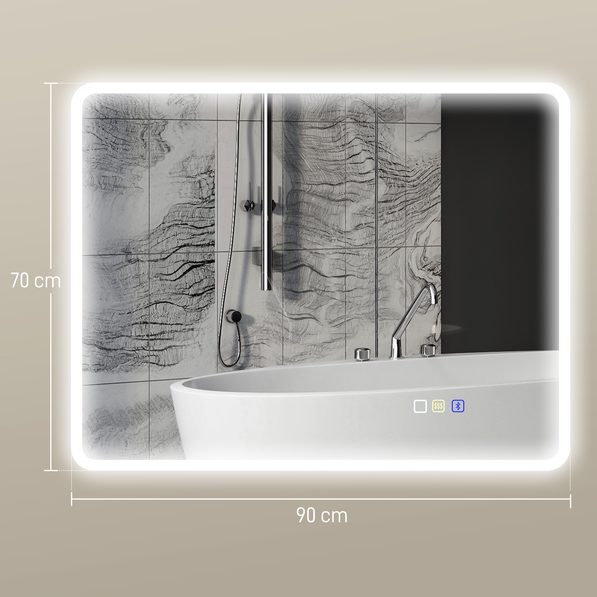 Espejo de baño iluminado, 70x90 cm, muestra una bañera moderna con grifería y pared de azulejos.
