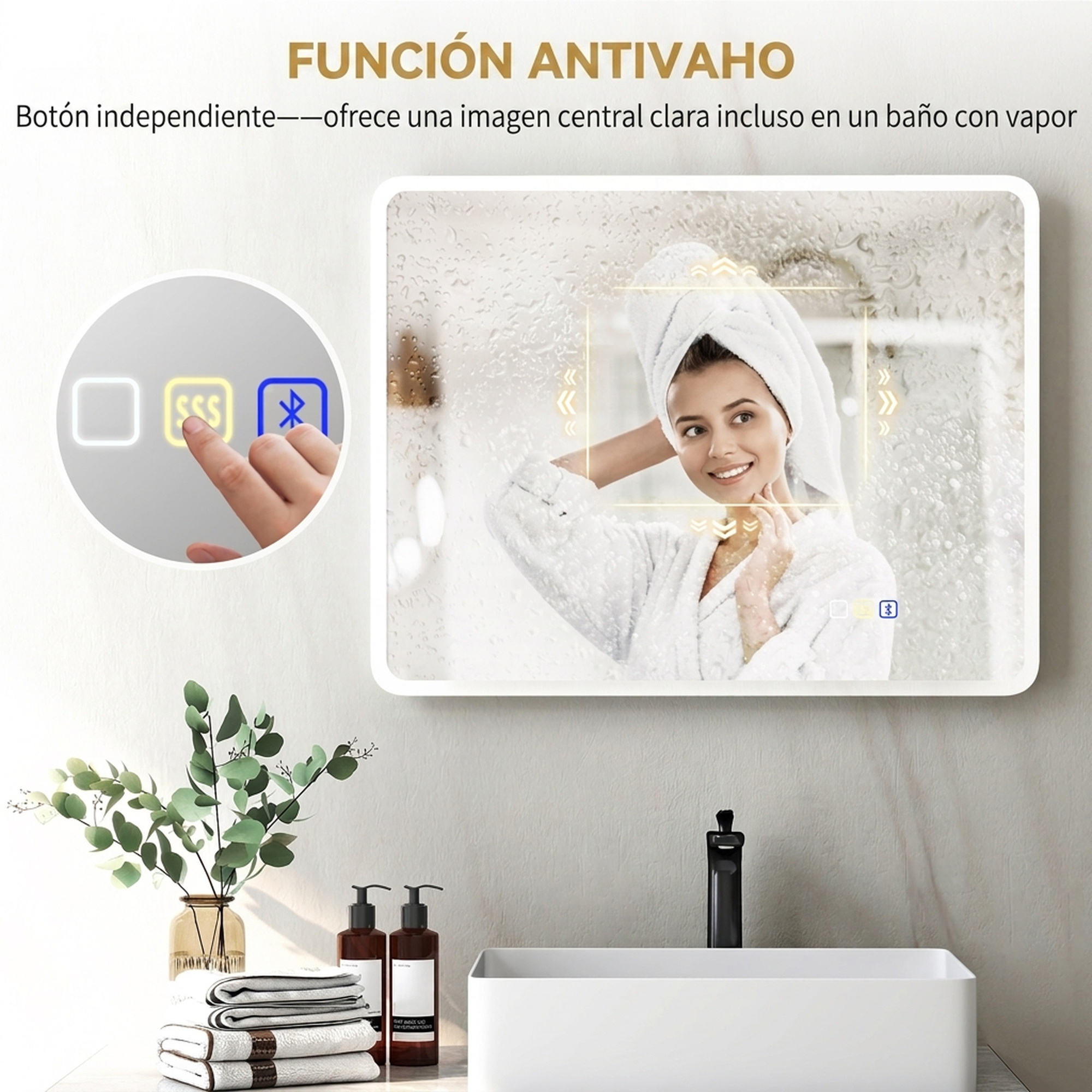Espejo de baño con función antivaho que muestra una zona clara mientras el entorno está empañado.
