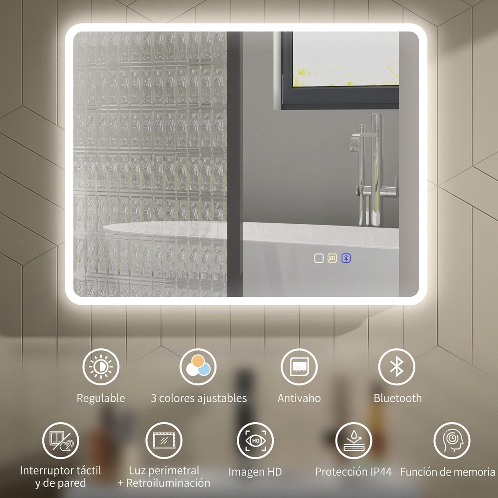 Espejo de baño retroiluminado con esquinas redondeadas e iconos para funciones como regulación, antivaho y Bluetooth.