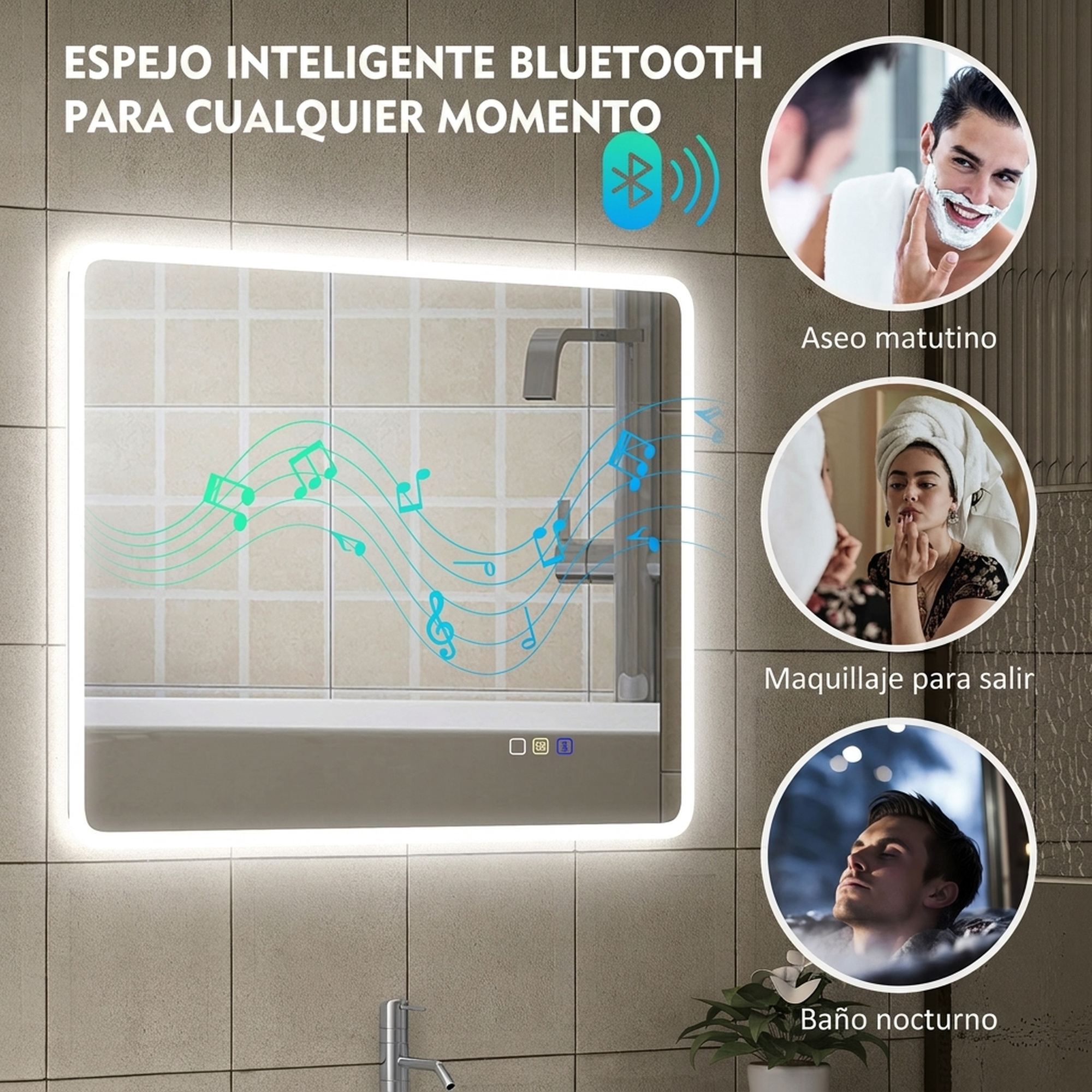 Un espejo de baño Bluetooth iluminado con gráficos de notas musicales y tres fotos circulares de escenas.