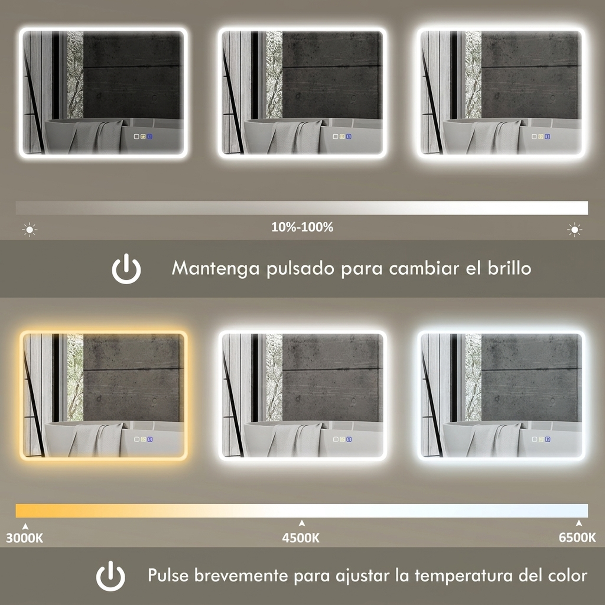 Guía para ajustar el brillo y la temperatura de color de un espejo LED.