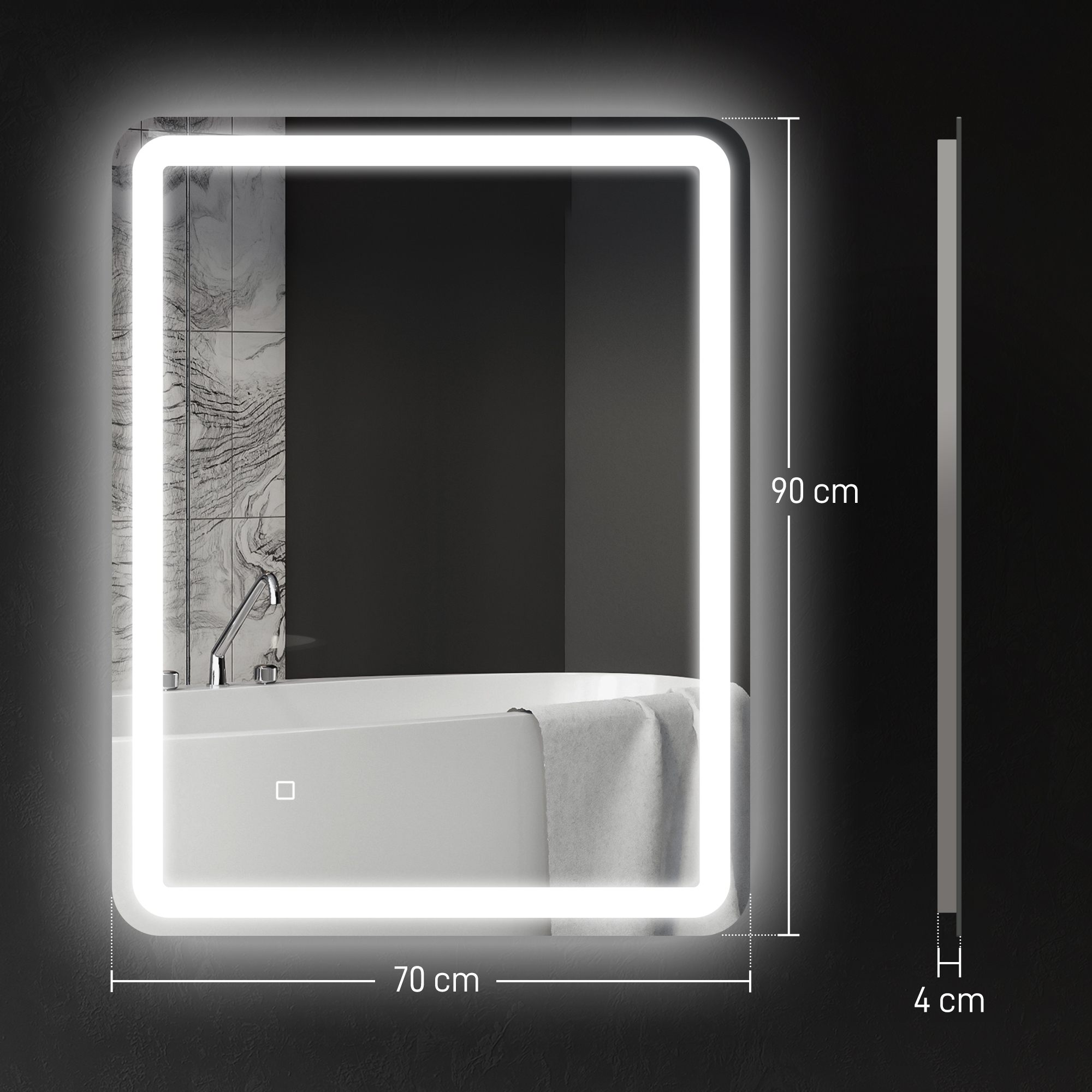 Espejo de baño iluminado, 70x90 cm, 4 cm de profundidad, frente a pared oscura con bañera.