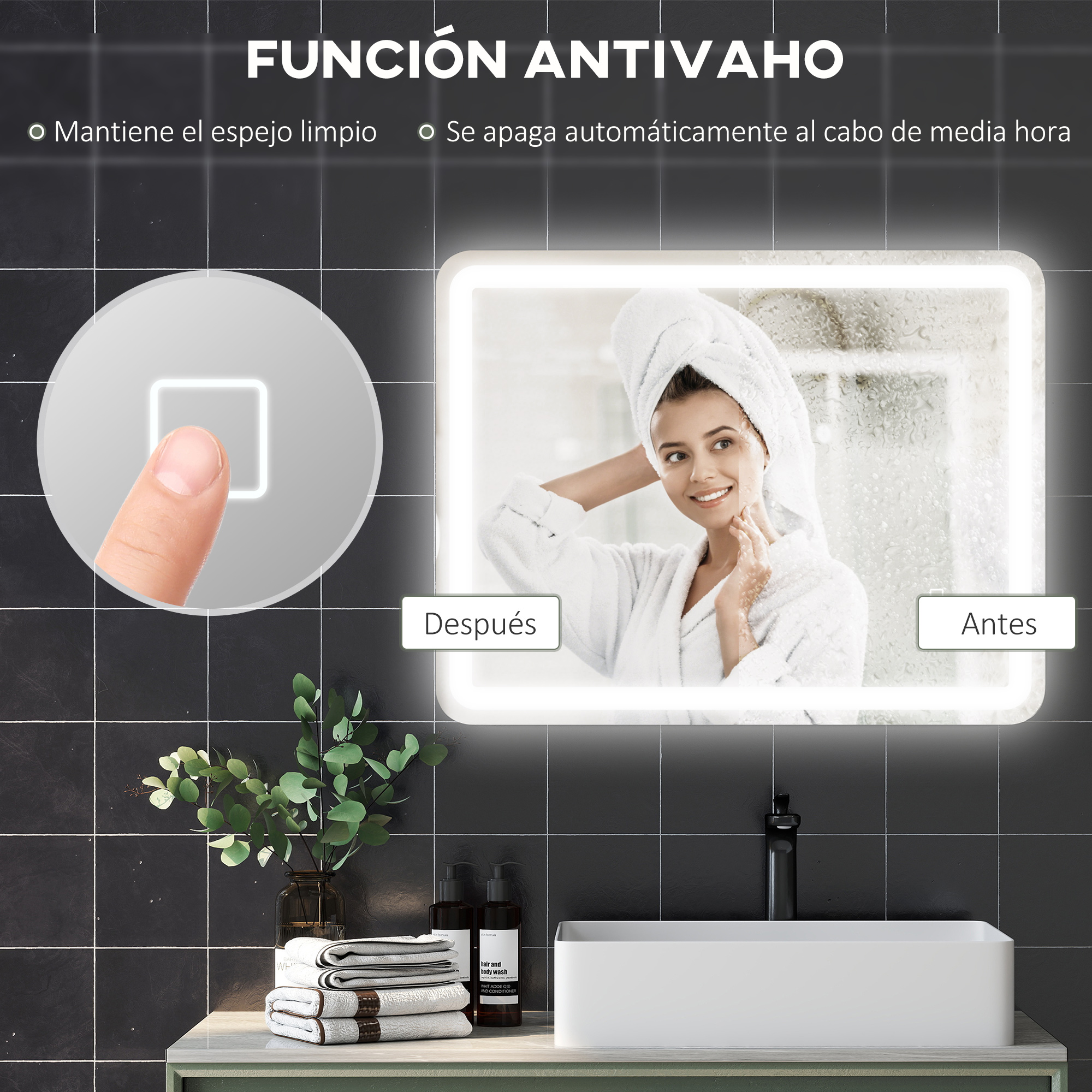 Espejo de baño con función antivaho e iluminación LED sobre lavabo y plantas.