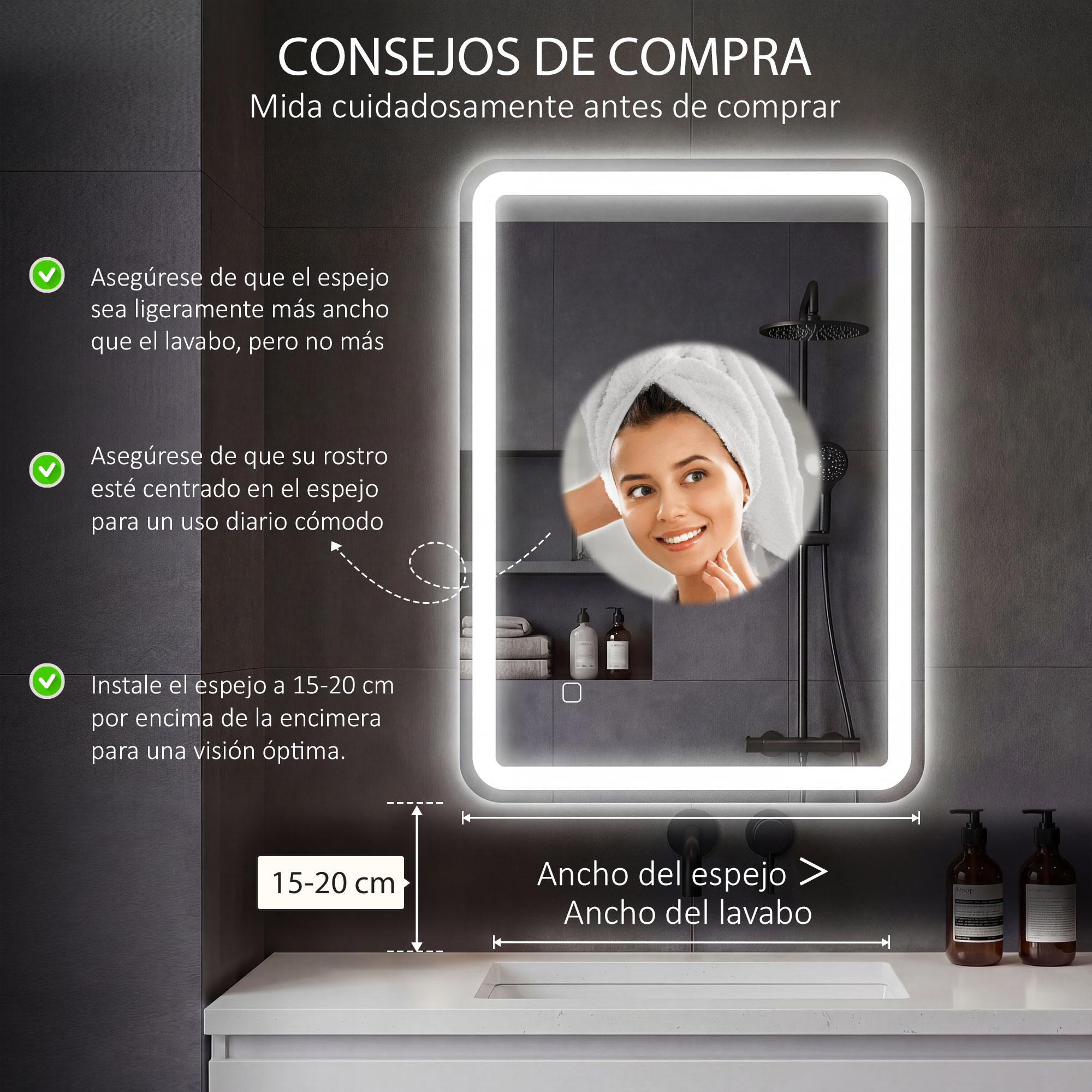 Espejo de baño LED con consejos de instalación y medidas sobre un lavabo.