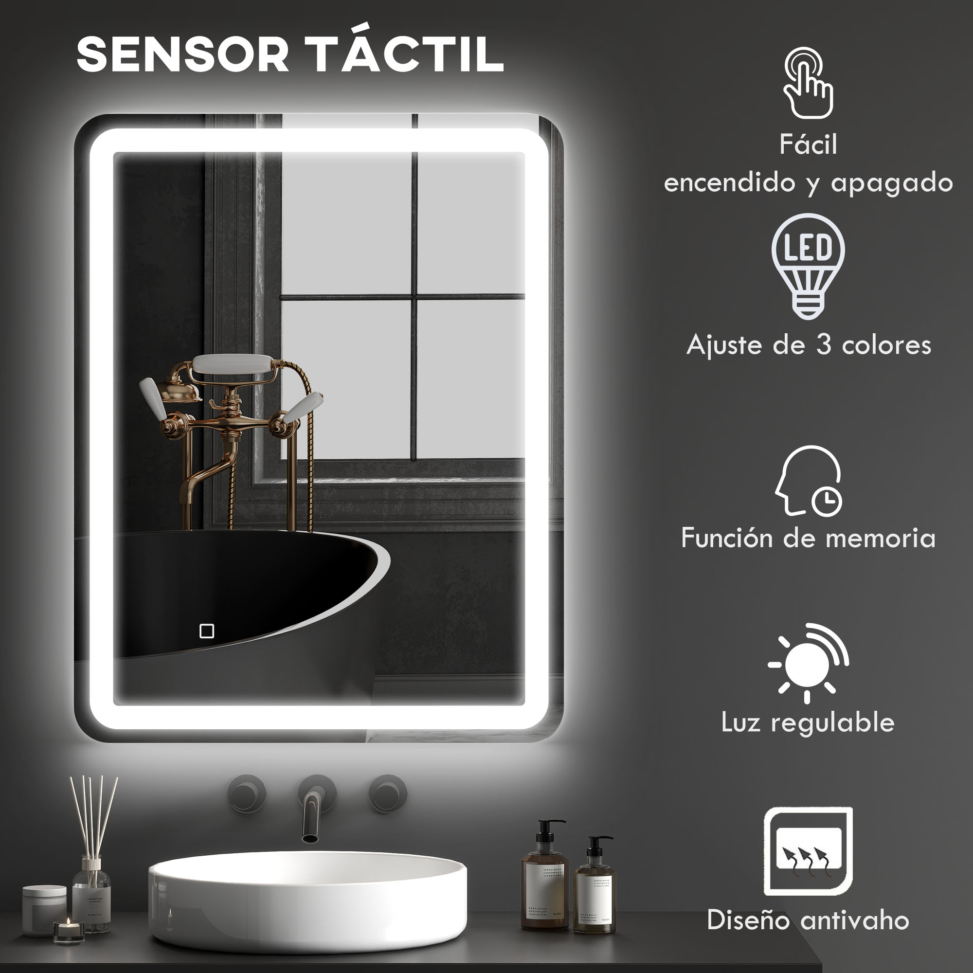 Espejo de baño LED iluminado con sensor táctil, con iconos para sus funciones de iluminación y antivaho.