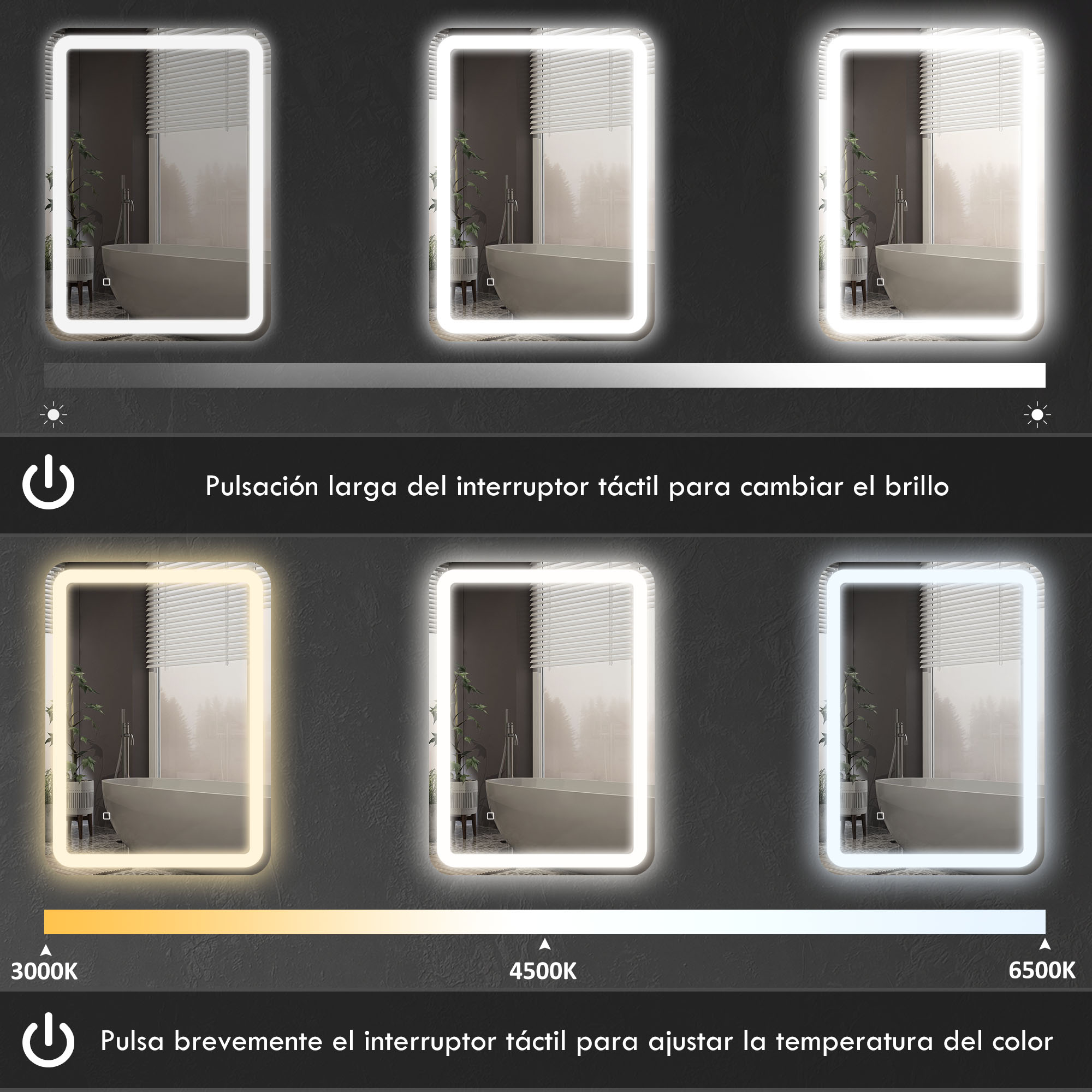 Diagrama que muestra espejos de baño LED con brillo y temperatura de color ajustables.