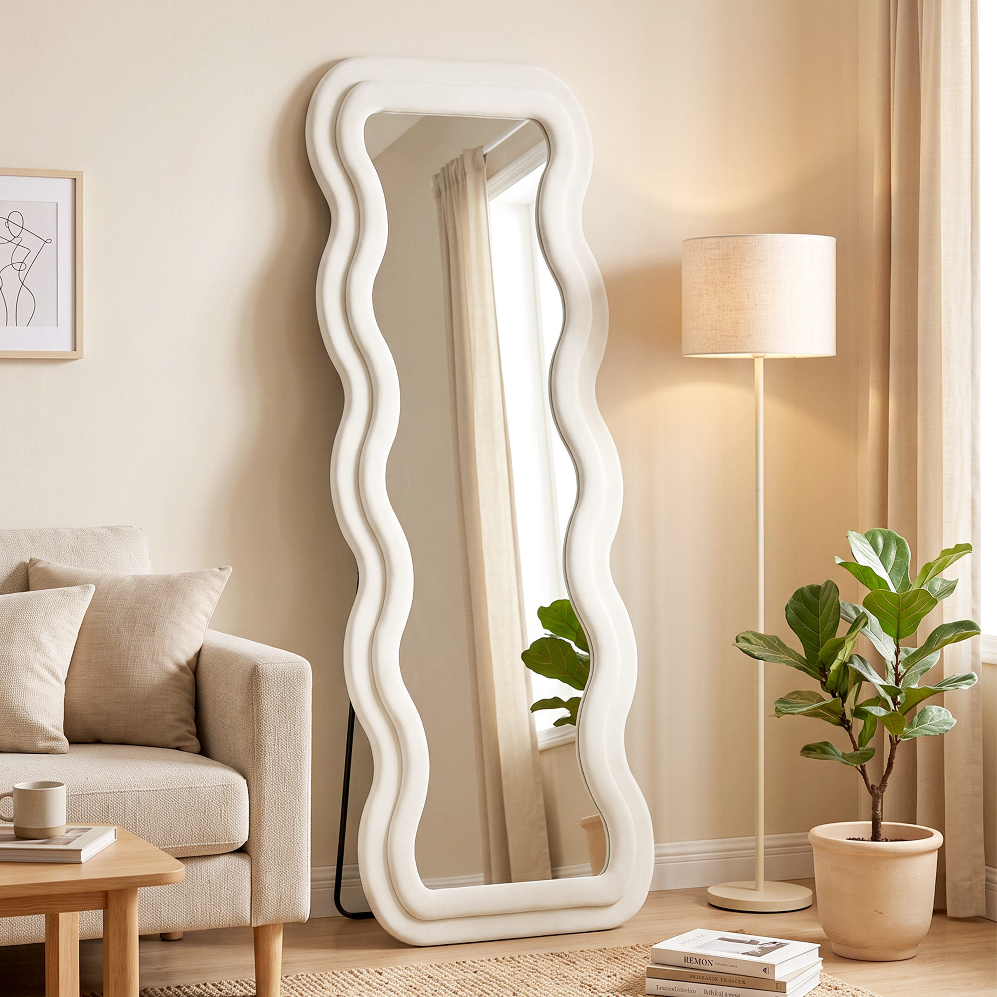 Un espejo blanco ondulado en una habitación acogedora con sofá, lámpara y planta.