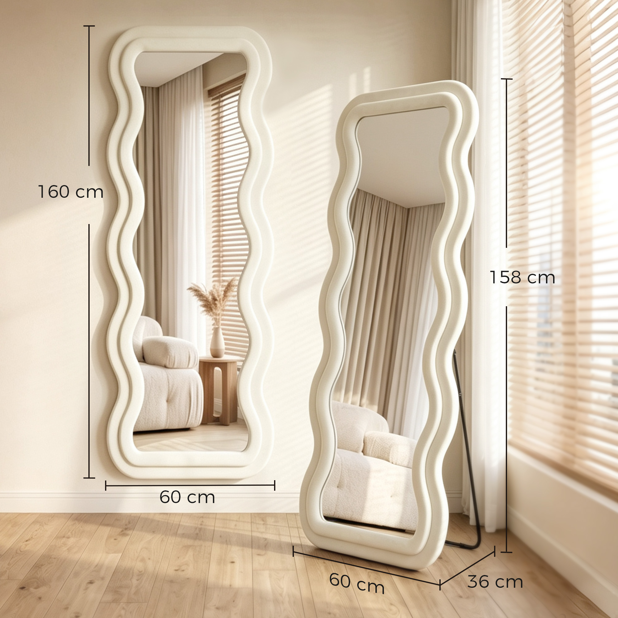 Dos espejos de cuerpo entero con marco crema ondulado y dimensiones en suelo de madera.