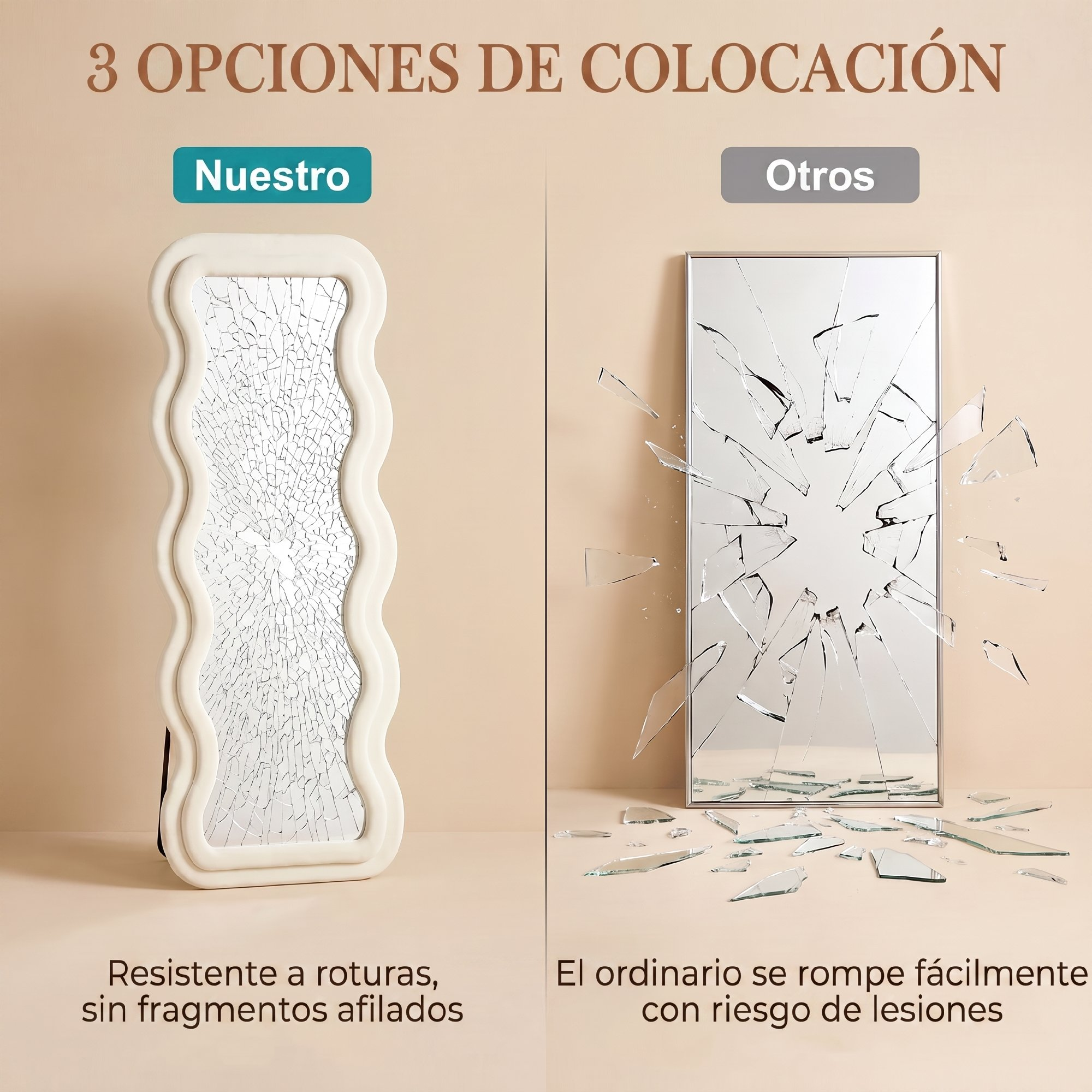Comparación de espejos: un espejo ondulado seguro a la izquierda y un espejo estándar roto con peligro a la derecha.
