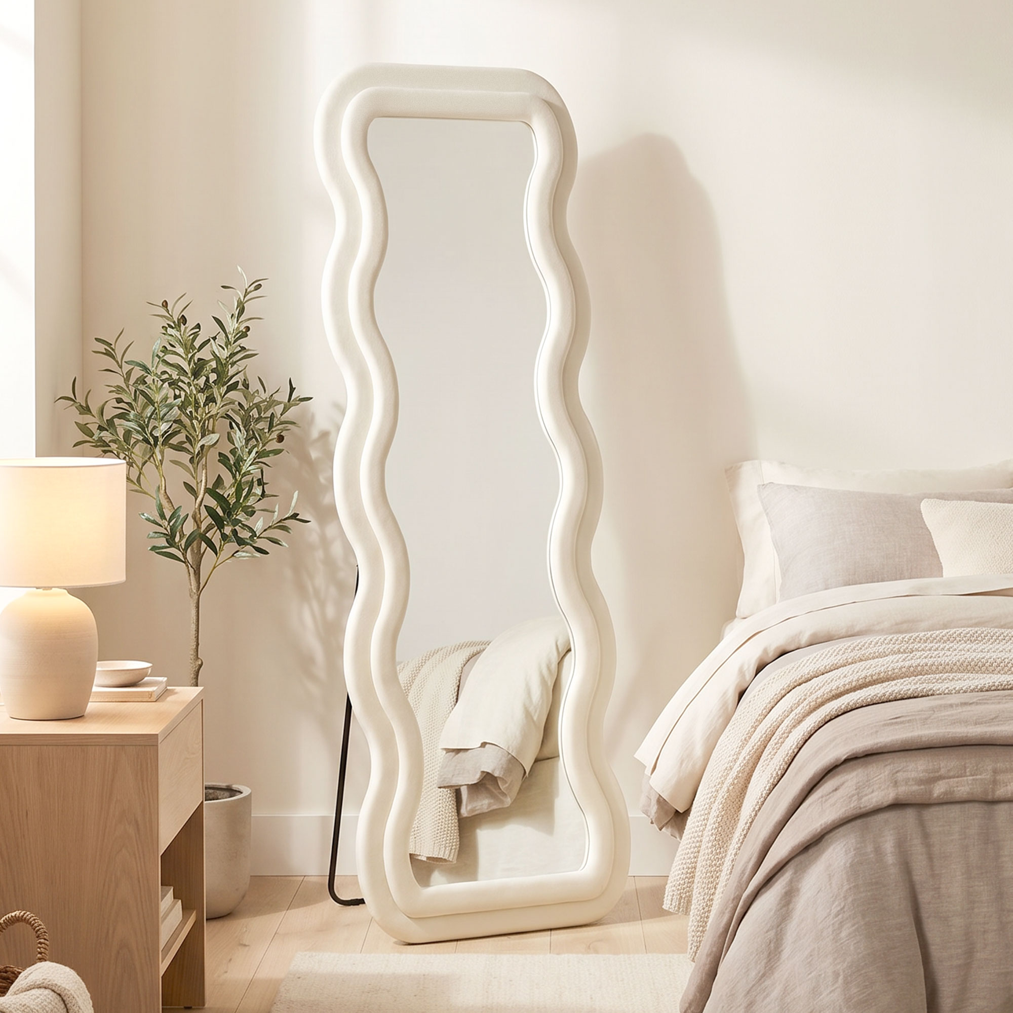 Un espejo ondulado de cuerpo entero en un dormitorio luminoso con cama, lámpara de noche y planta.