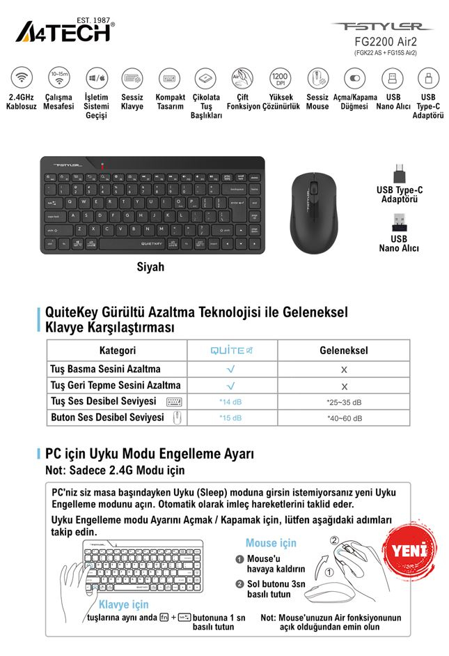Siyah klavye, fare, nano alıcı, USB-C adaptörü ve ses azaltma teknolojisi karşılaştırmalarını içeren A4Tech FG2200 Air2 seti.
