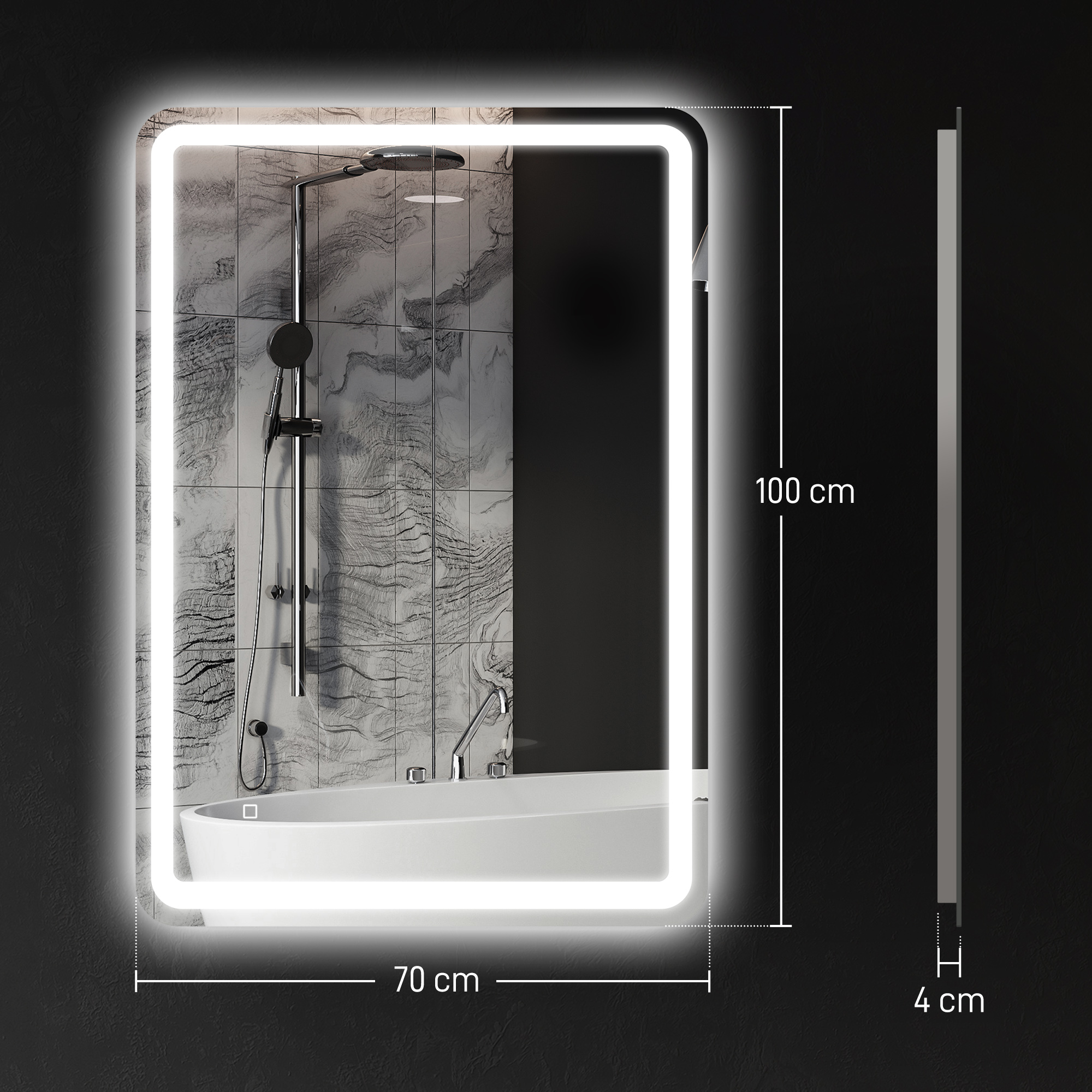 Espejo de baño LED rectangular, 70x100x4 cm, con iluminación integrada en un baño moderno.