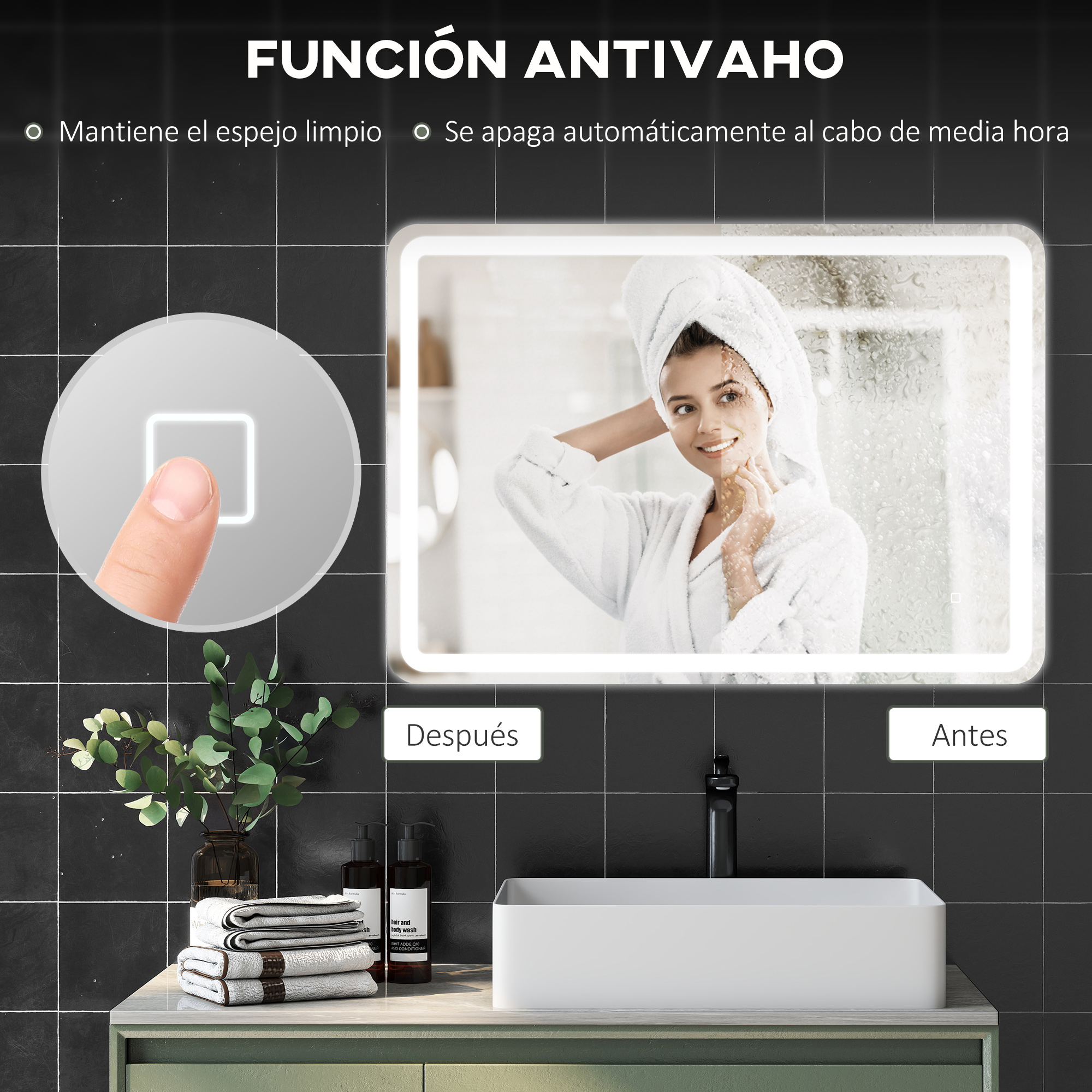 Espejo de baño iluminado con función antivaho, que muestra un lado limpio y otro empañado, sobre un lavabo.