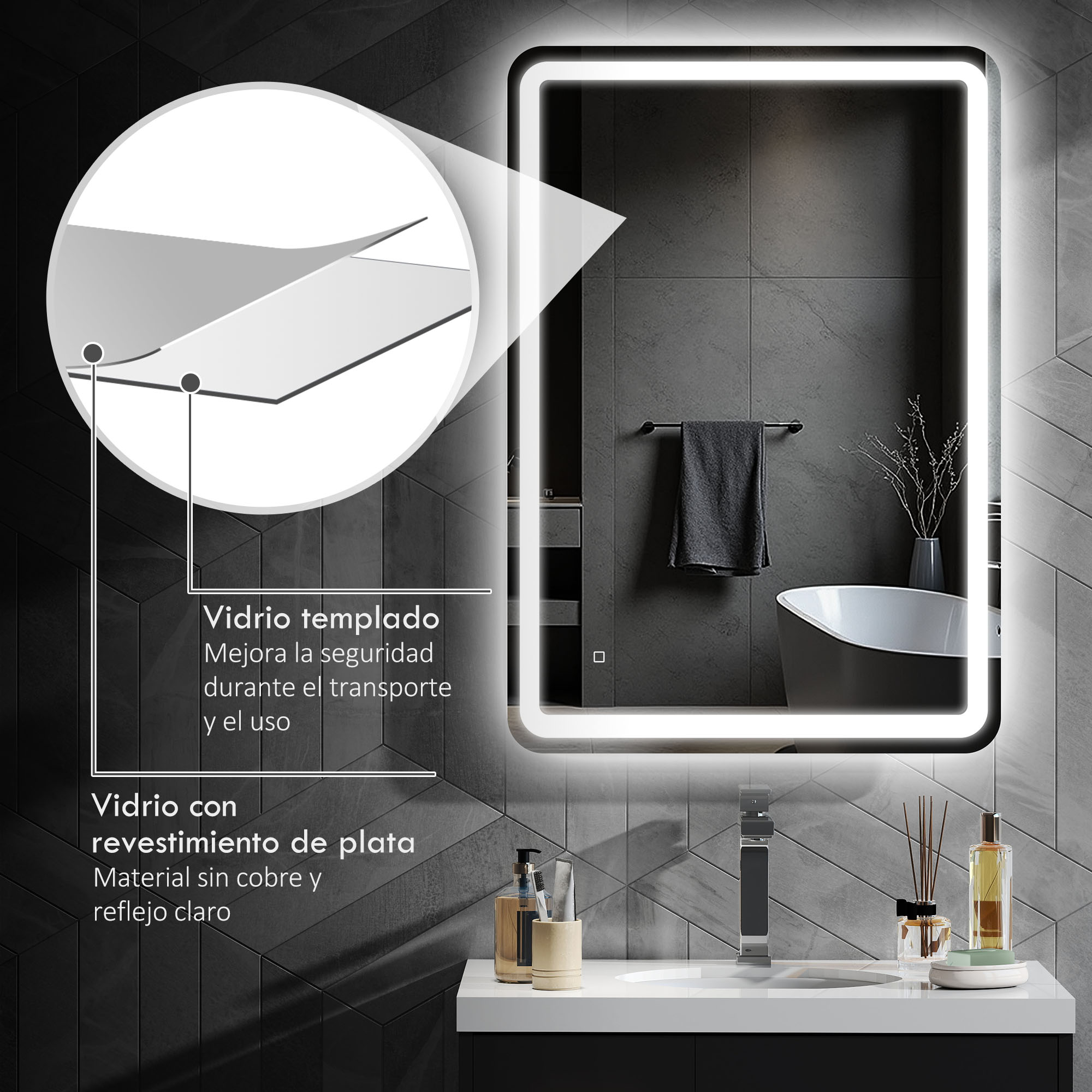 Espejo de baño iluminado sobre un lavabo, con diagrama de vidrio templado.