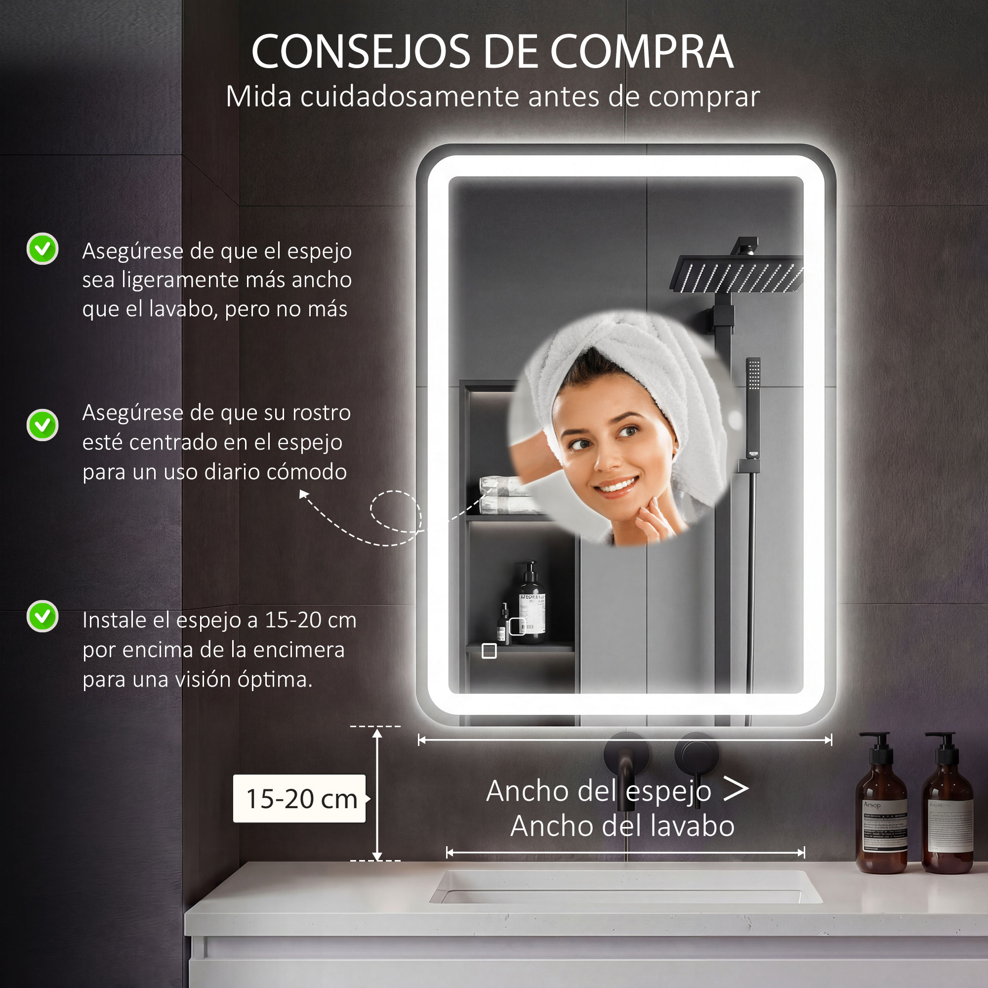 Un espejo de baño iluminado que muestra consejos de compra e instalación con texto en español.