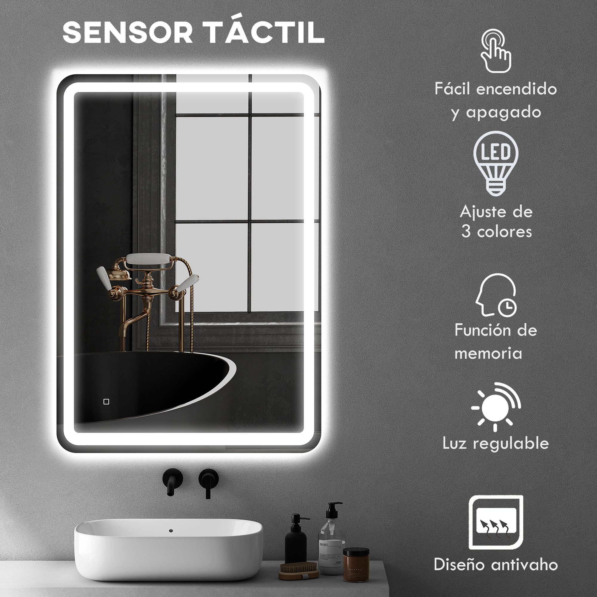 Espejo de baño LED iluminado con sensor táctil, antivaho y luz regulable sobre fondo gris.
