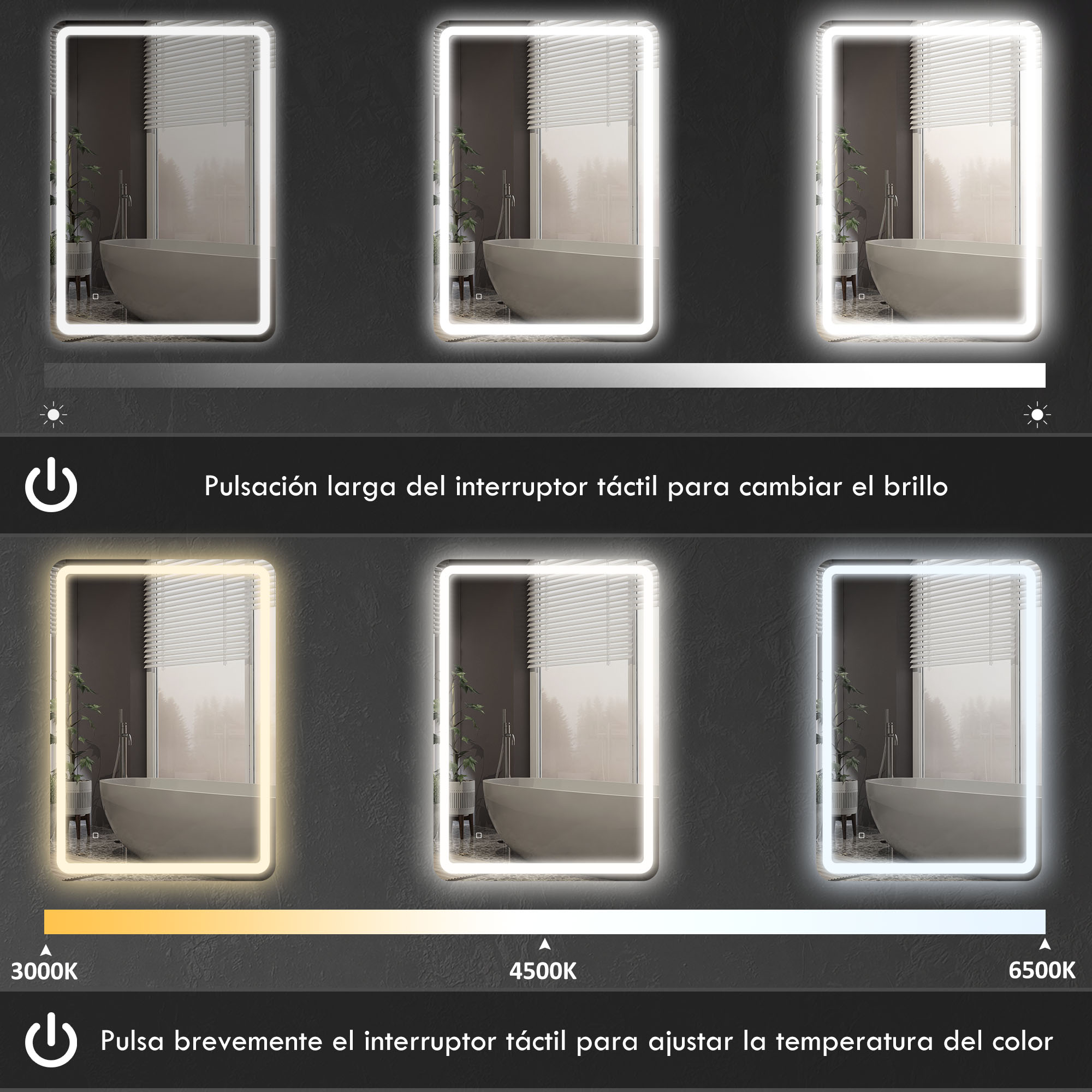 Espejo LED con luces regulables y temperatura de color ajustable de 3000K a 6500K.