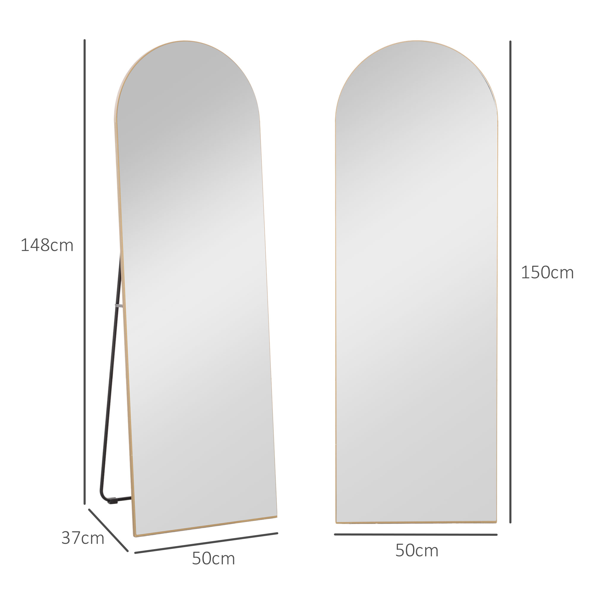 Dos espejos de suelo arqueados con marco de madera y dimensiones de 148x50x37 cm a la izquierda y 150x50 cm a la derecha.
