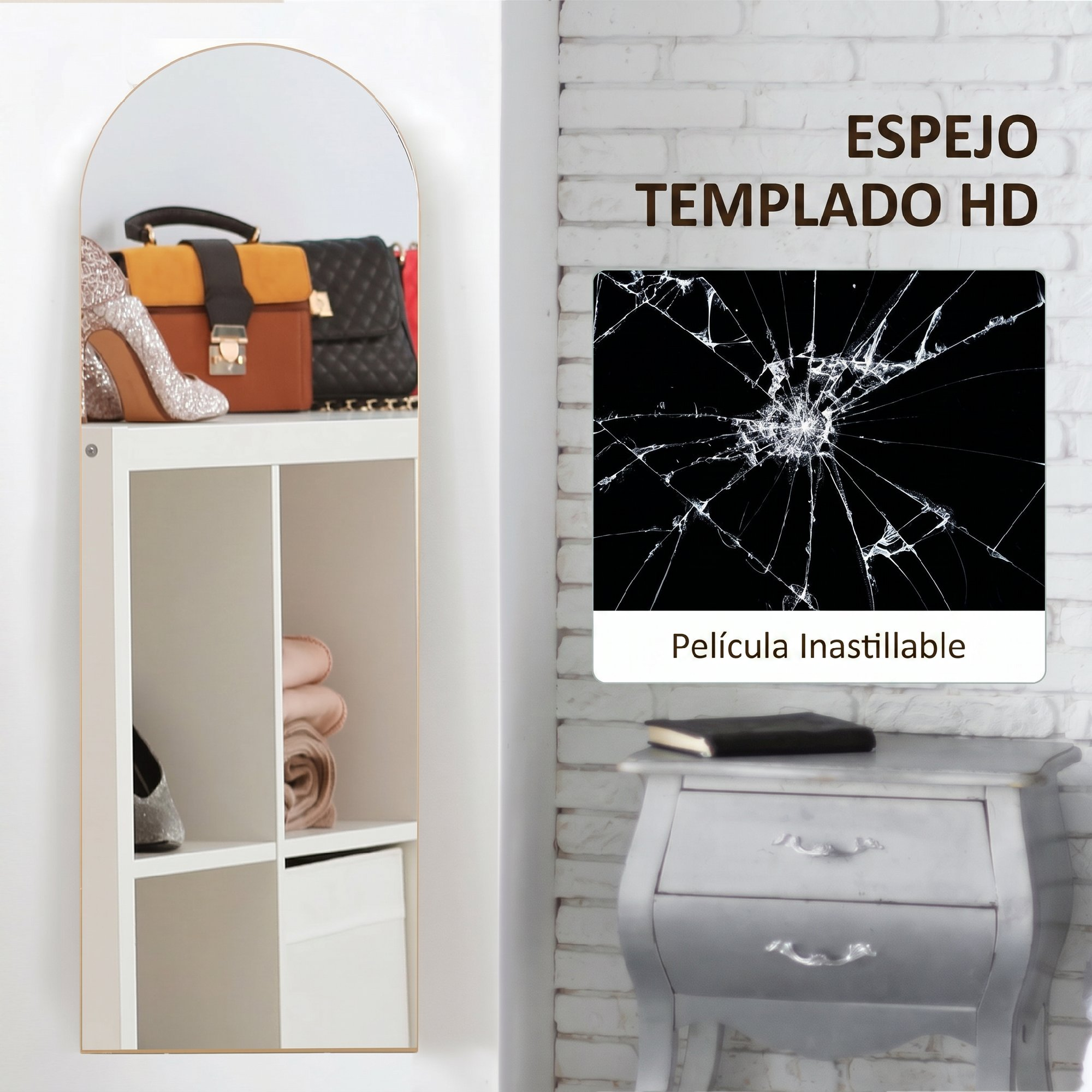 Espejo arqueado junto a pared de ladrillo blanco, texto mostrando vidrio templado HD y película inastillable.