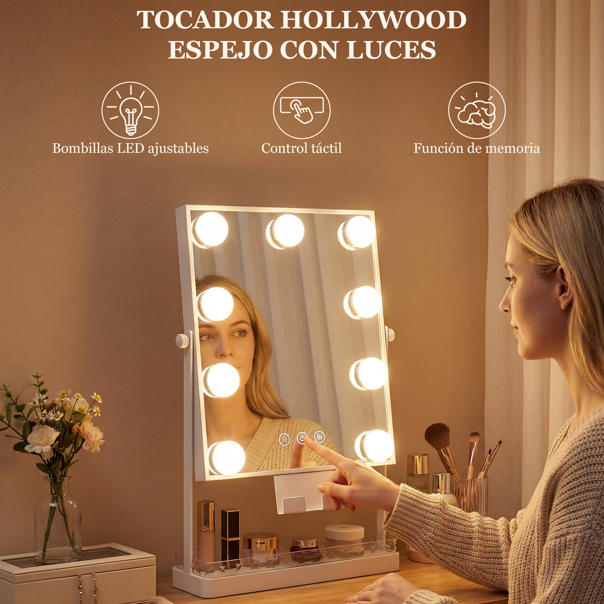 Una mujer toca un espejo de tocador Hollywood con luces LED en una mesa.