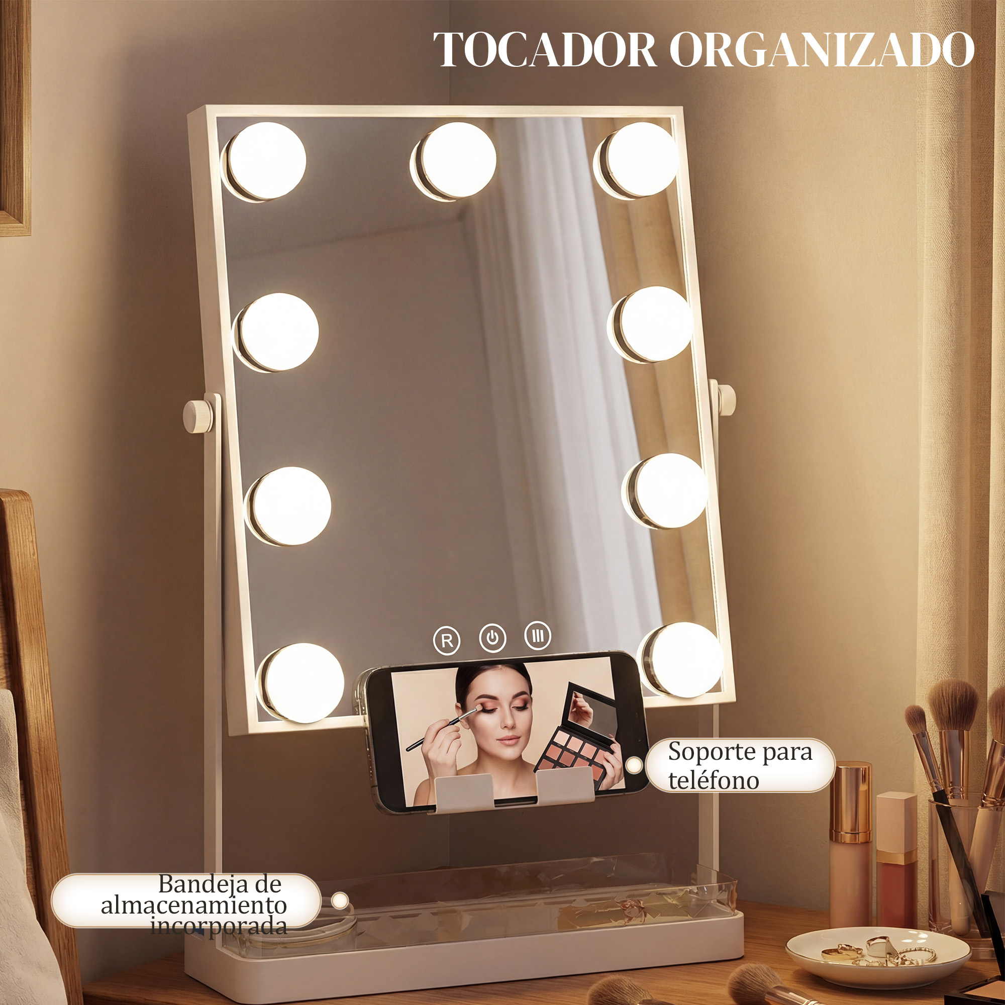 Espejo de tocador iluminado con soporte para teléfono y bandeja, mostrando un tutorial de maquillaje.