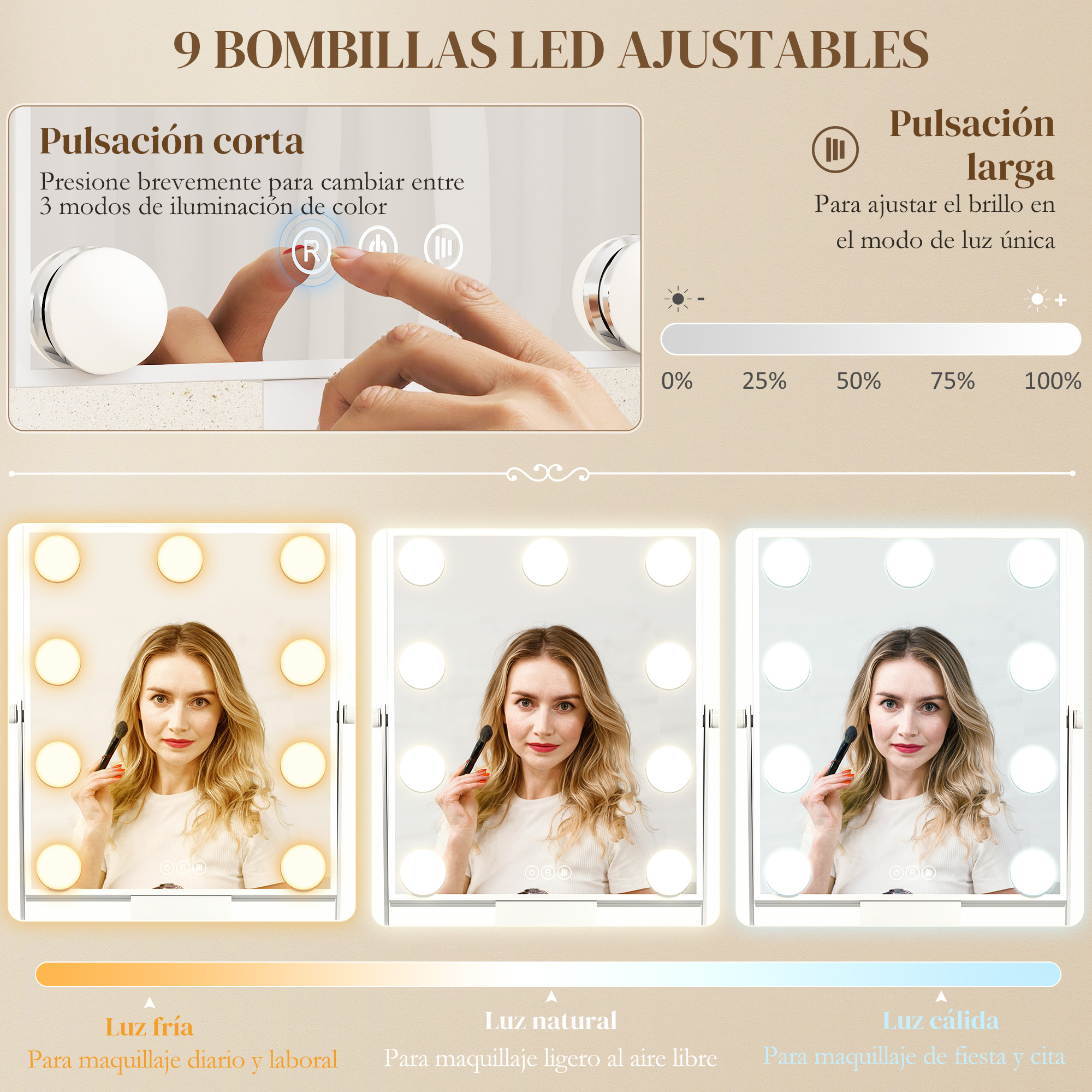 Instrucciones de espejo de maquillaje con luces LED ajustables, tres modos de color y niveles de brillo.