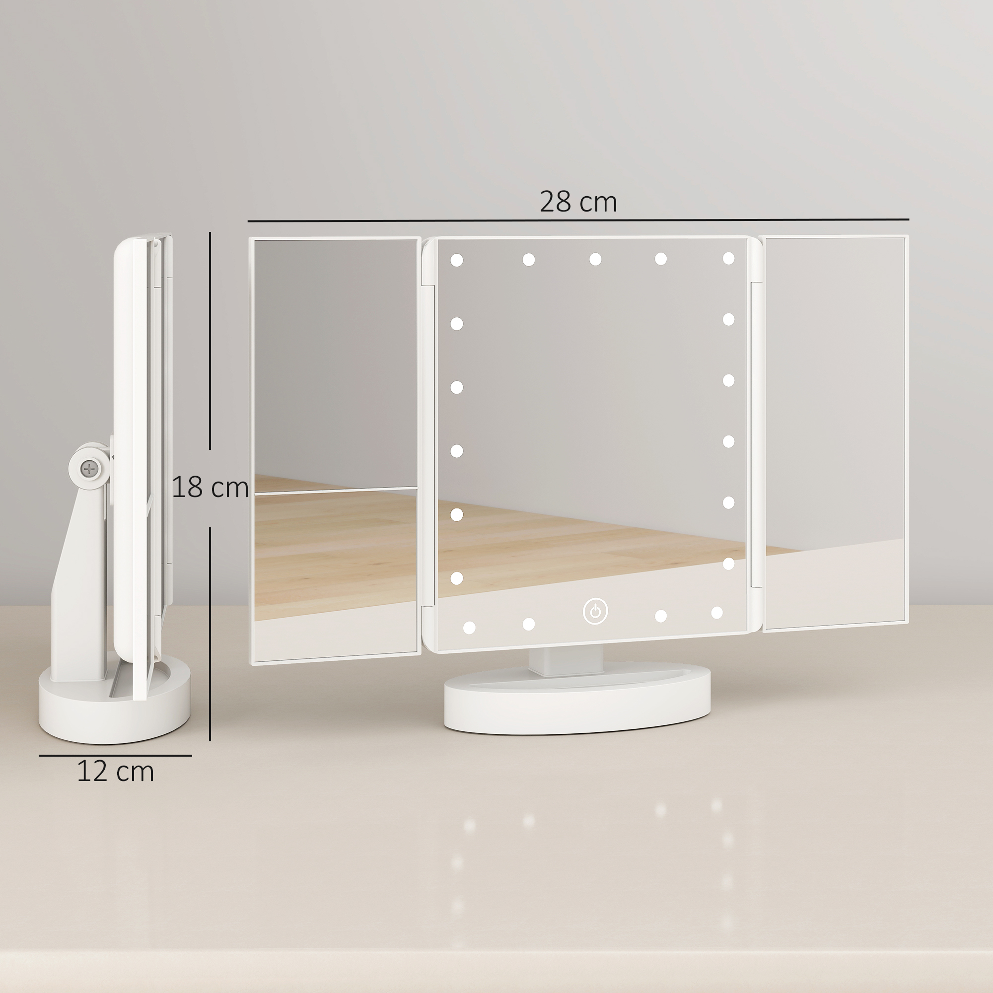 Espejo de maquillaje iluminado blanco con tres paneles plegables y medidas en centímetros sobre fondo gris.