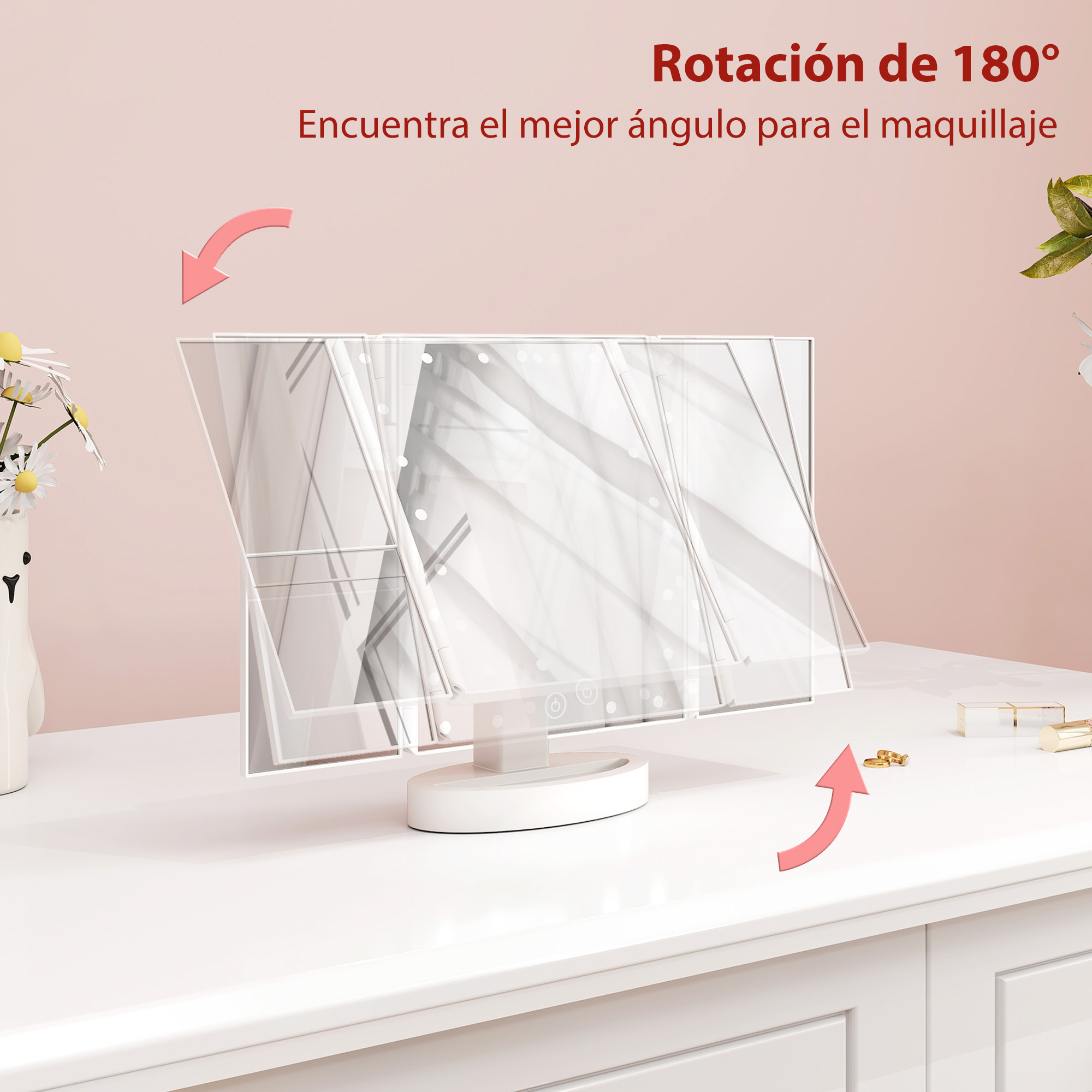Un espejo de tocador iluminado en una mesa blanca con paneles giratorios y texto arriba.