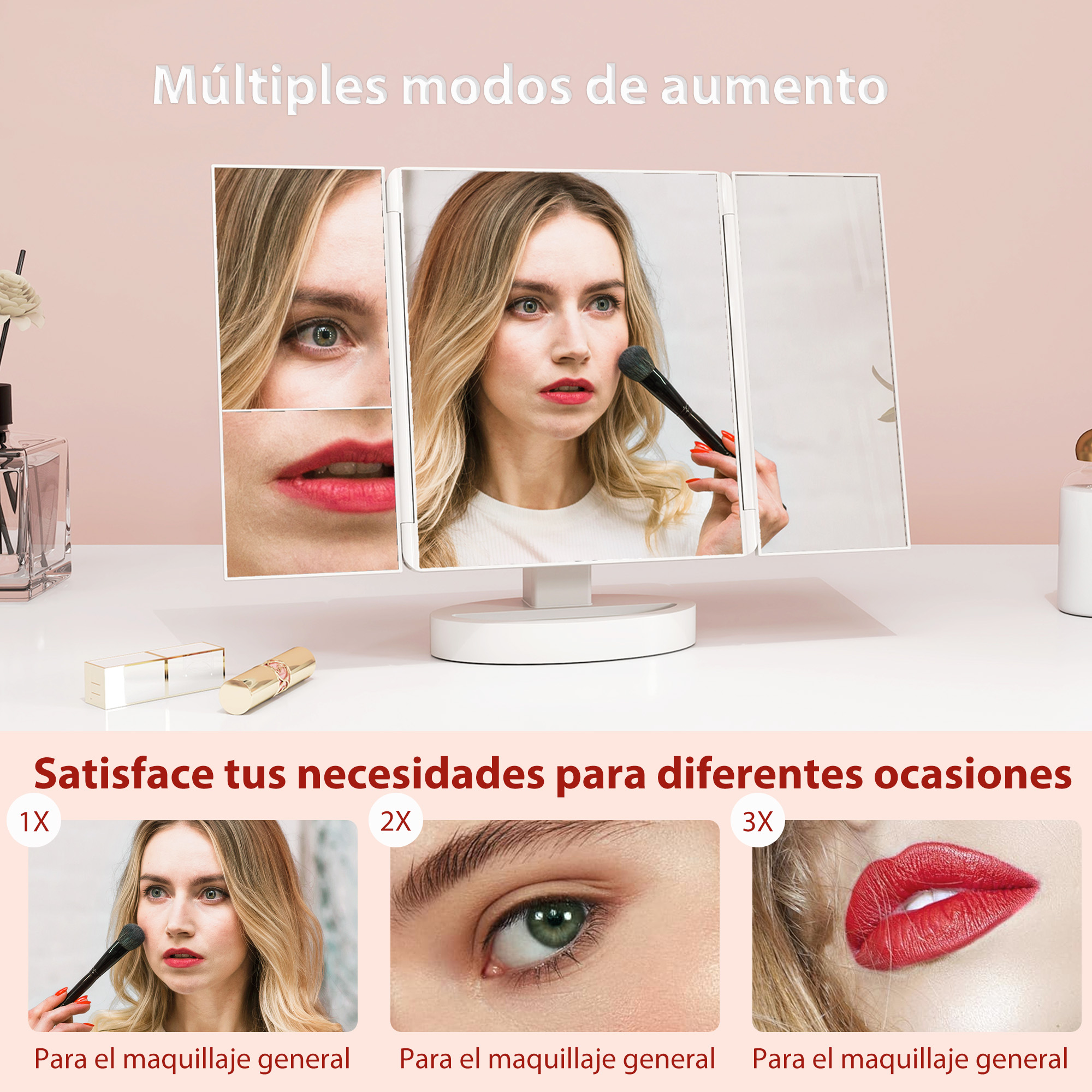 Un espejo de maquillaje triple muestra primeros planos de cara, ojo y labios, con labial sobre la mesa blanca.