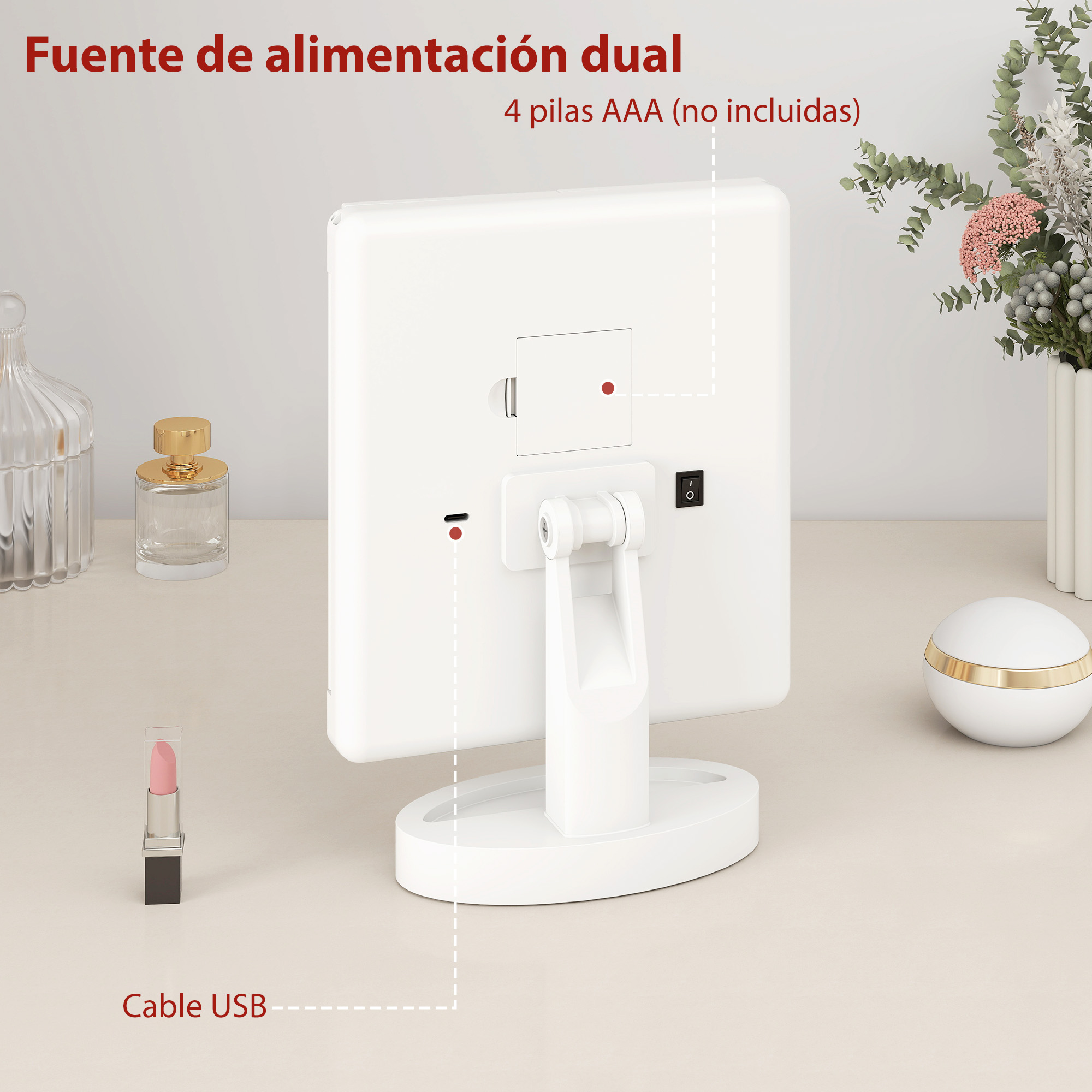 Vista trasera de un espejo de maquillaje blanco con puerto USB y compartimento para pilas.