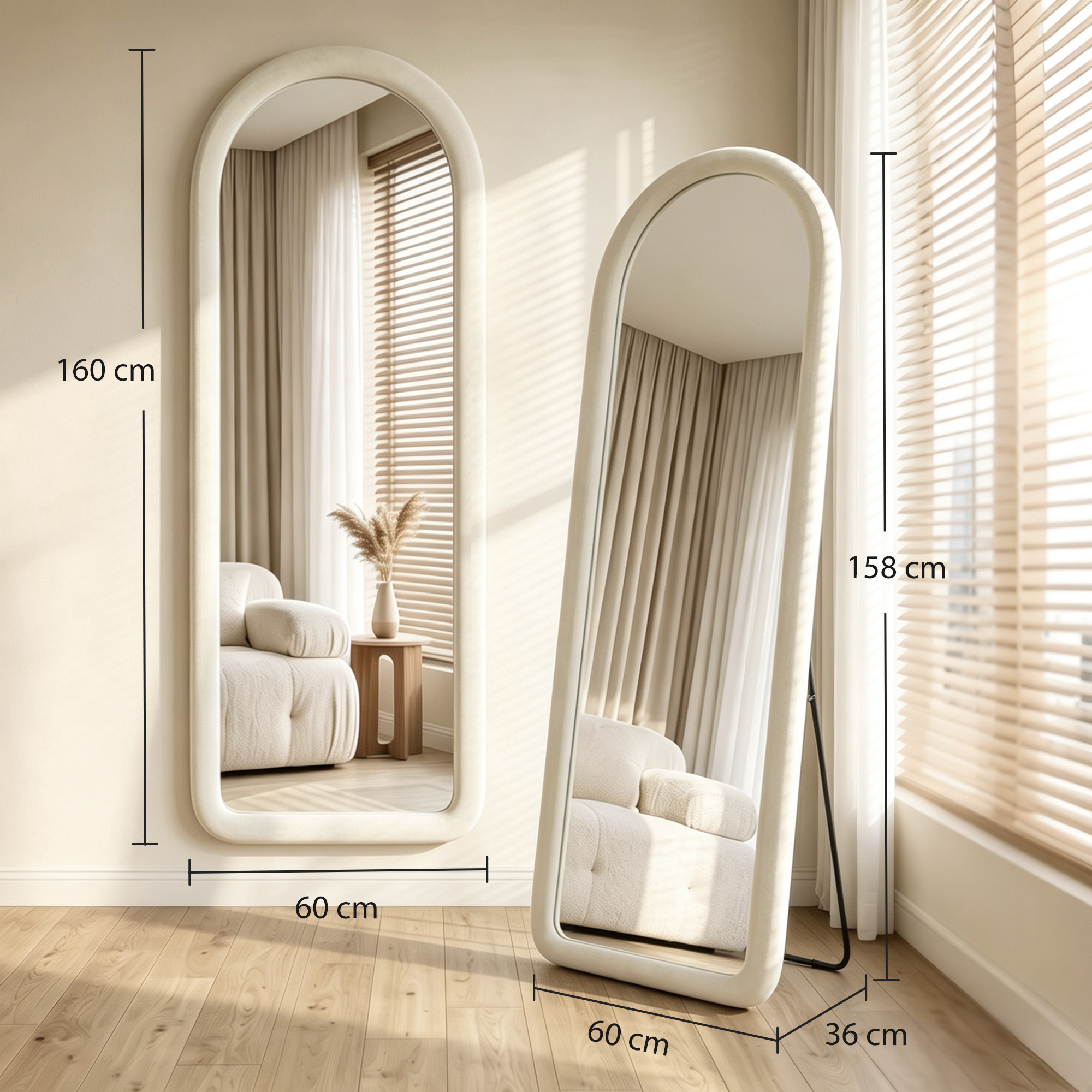 Dos grandes espejos arqueados de color crema en una habitación luminosa con suelo de madera y dimensiones.