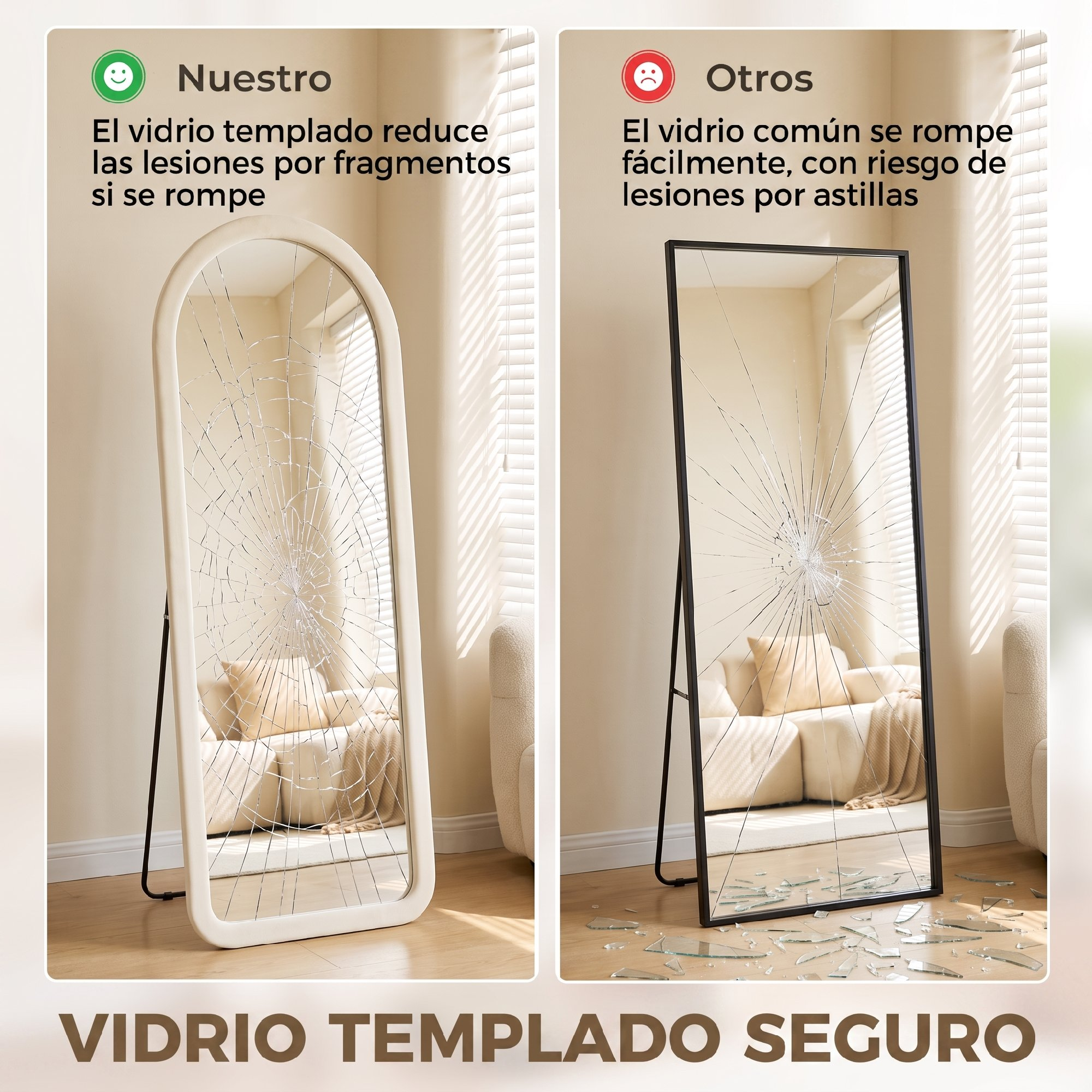 Comparación de espejos: el vidrio templado se mantiene unido al romperse, mientras el vidrio común se astilla.