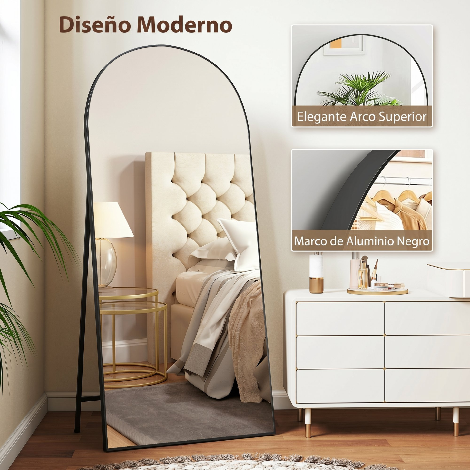 Un espejo arqueado de cuerpo entero con marco de aluminio negro se encuentra en una habitación luminosa.