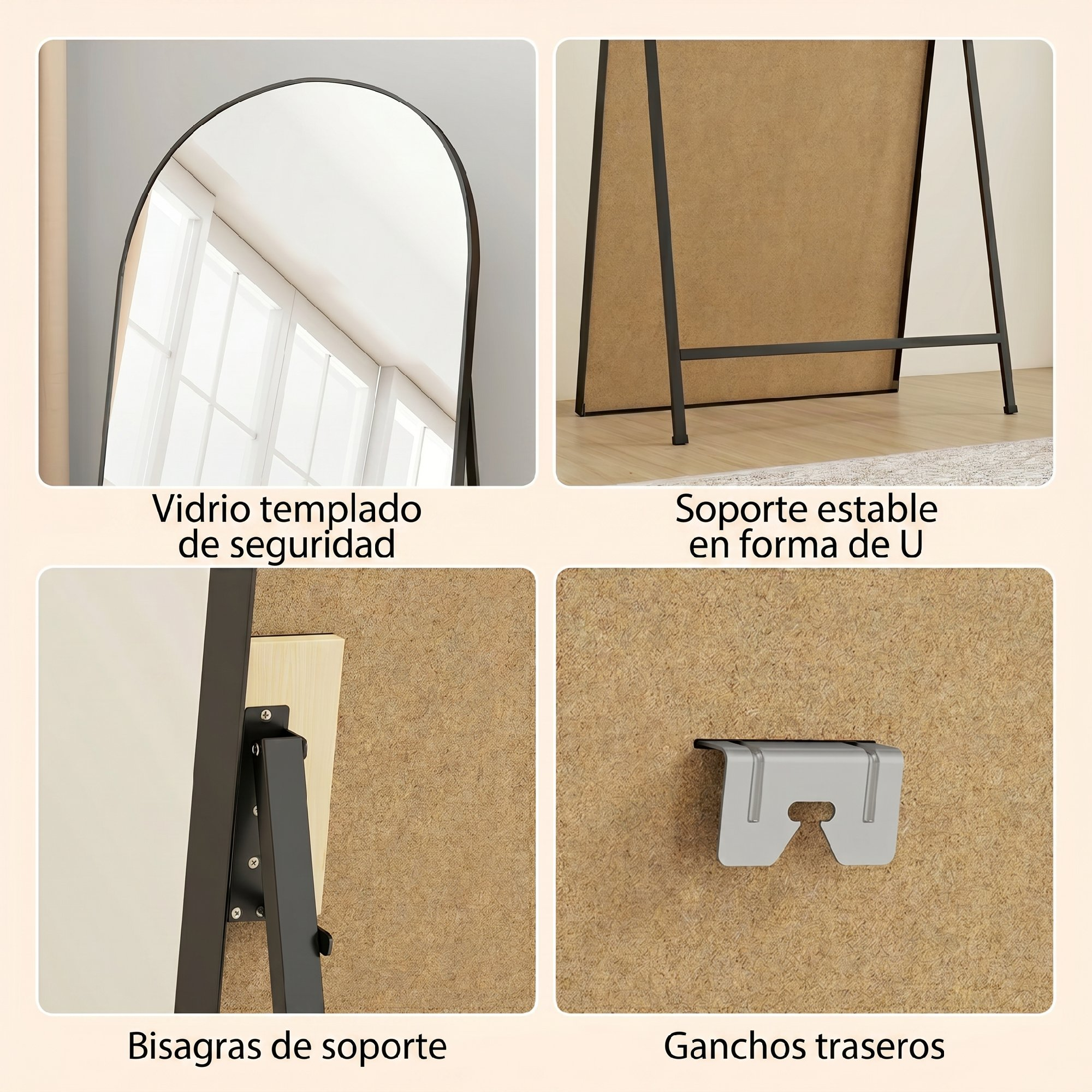 Cuatro paneles que muestran características del espejo arqueado: vidrio de seguridad, soporte en U, bisagras y ganchos.